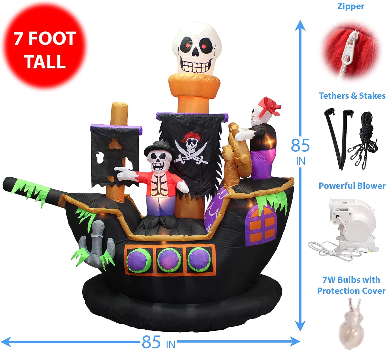 7 FT Halloween Inflatable Skeletons Ghosts on Pirate Ship Lights Outdoor Indoor Holiday Decorations, Blow up Lighted Yard Decor, Giant Lawn Inflatables Home Family Outside Decor