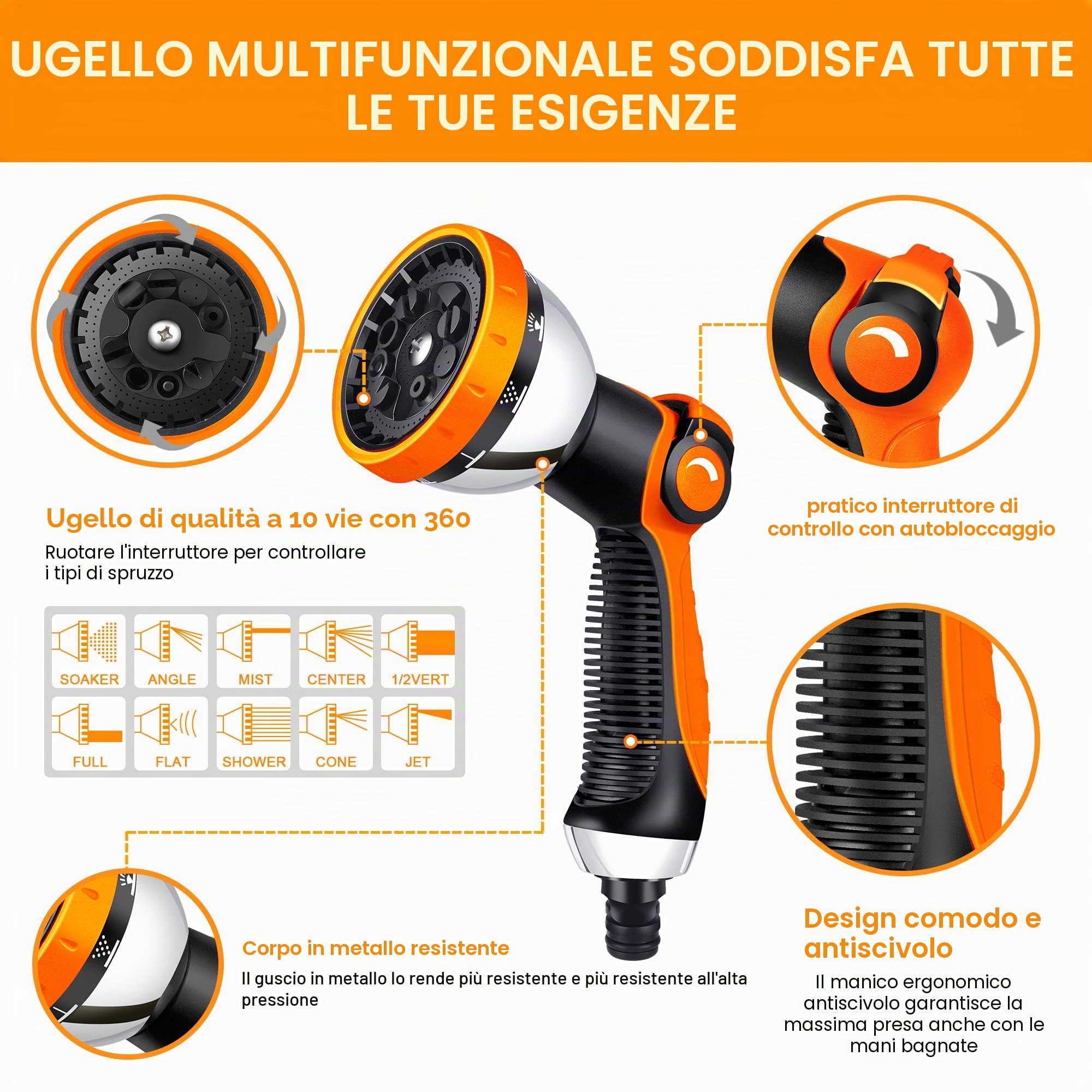 tubo da giardino, tubo estensibile da giardino con 10 ugelli di spruzzo, connettore in ottone, tessuto di 3750D, tubo acqua giardino con anima in lattice a 4 strati-30m/100ft