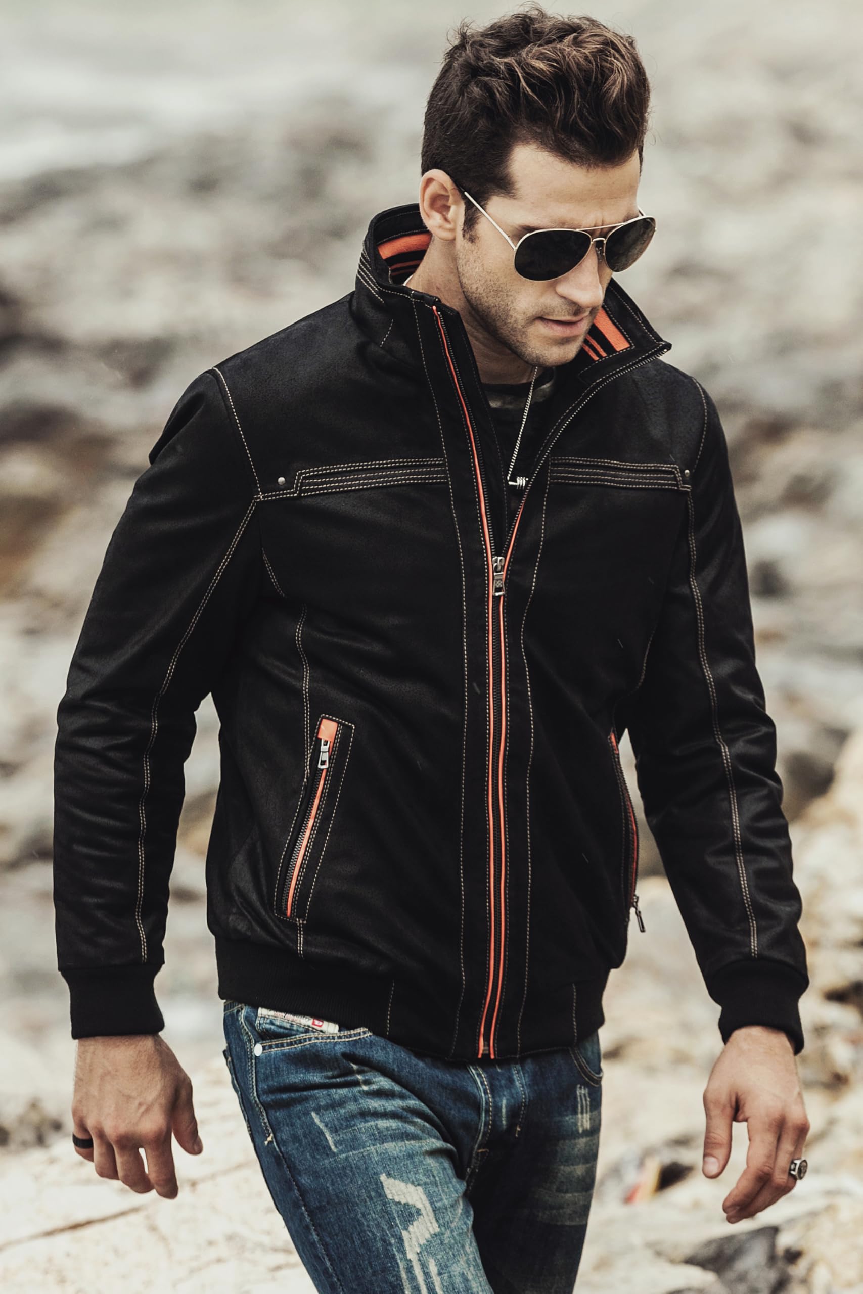 FLAVOR Herren Echtes Leder Lederjacke Stehkragen Jacken