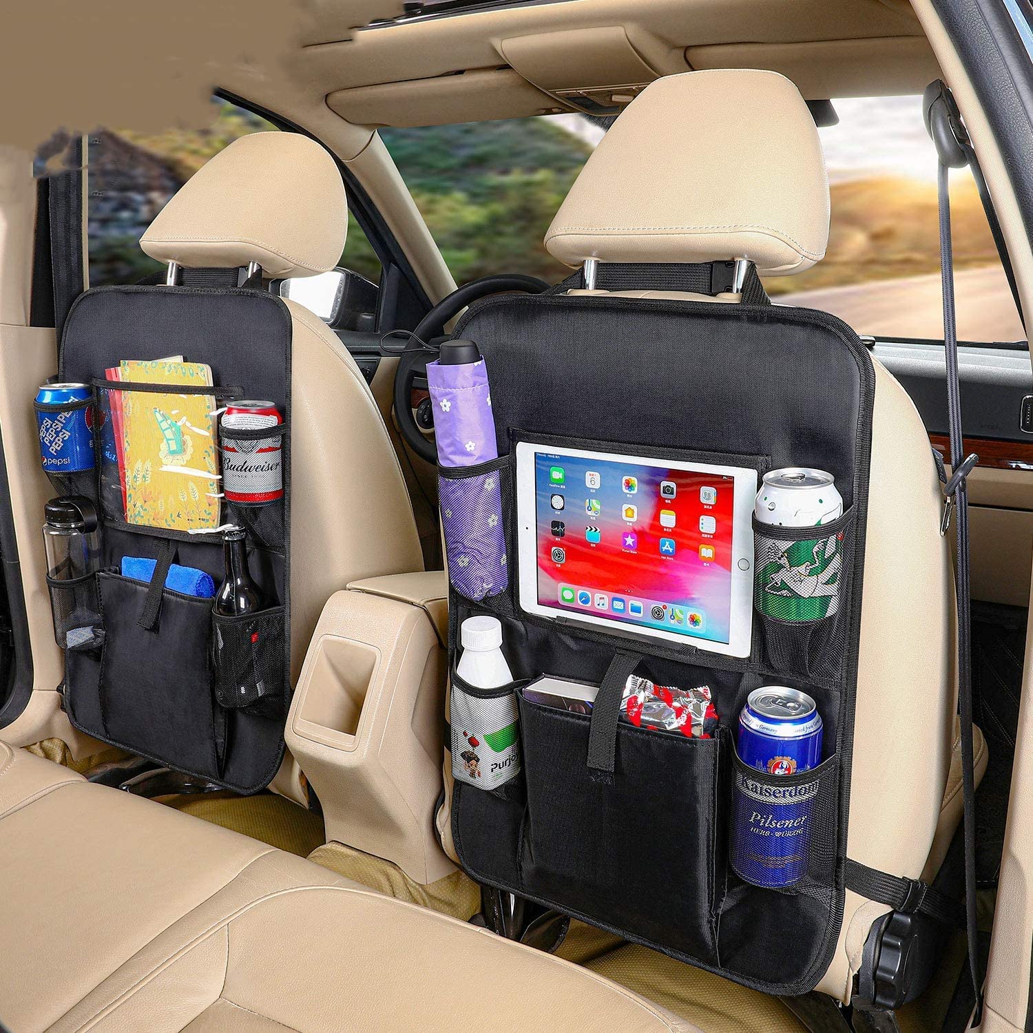 SIJAWEYI Car Backseat Organizer 2Pack Mats Back Seat Protector with Touch Screen Tablet Holder Storage Pockets Kick Mats Great Travel Accessories for Kids and Toddlers