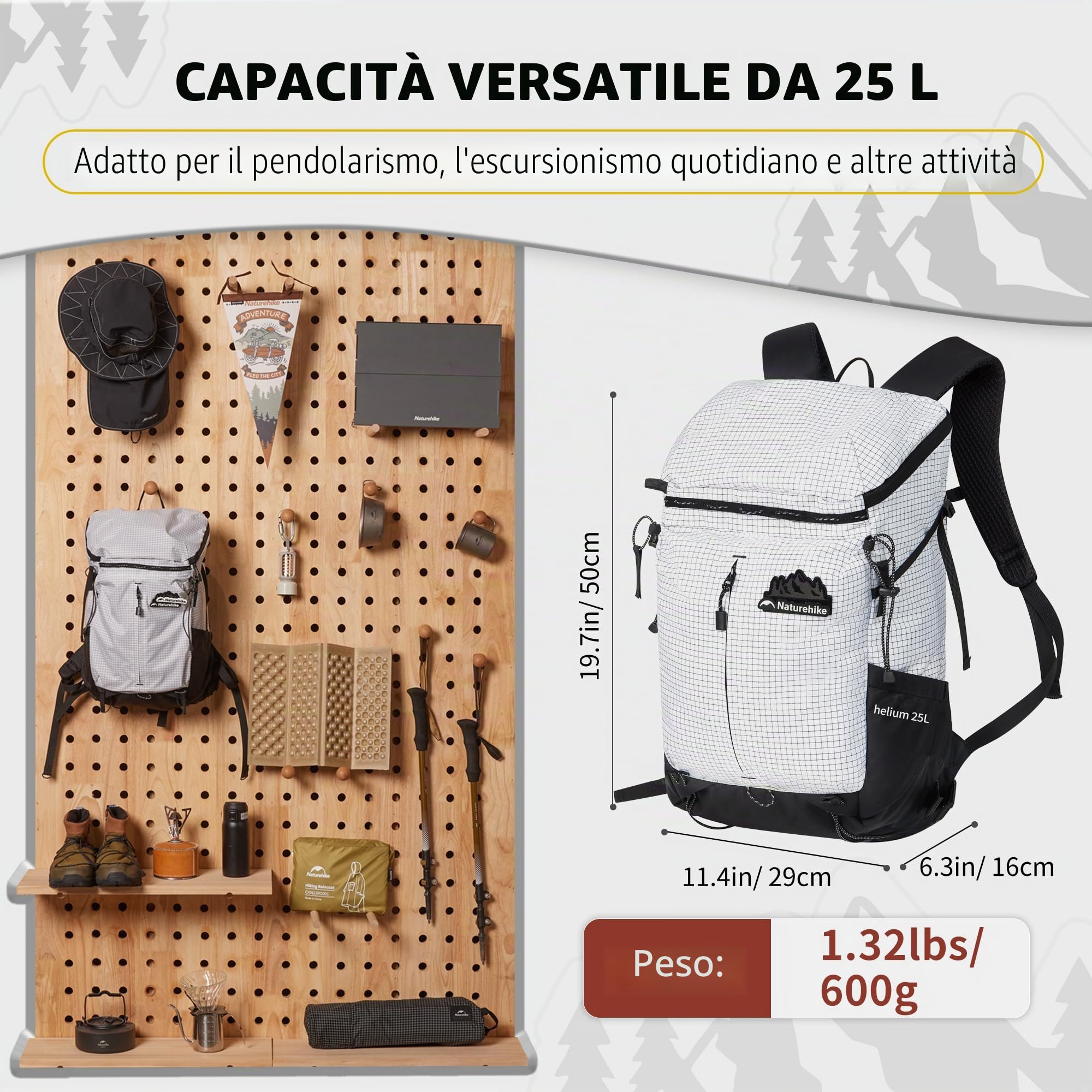 Naturehike Zaino da trekking impermeabile resistente ai graffi e all'usura traspirante ideale per campeggio escursioni viaggi all'aperto con scomparto per sacca idrica 25L in Bianco