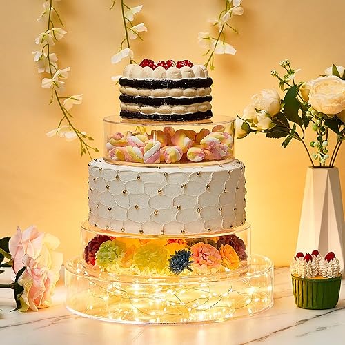 Miniatura 4 de 3 piezas de soporte acrílico para pasteles con luces LED, transparente, rellenable, caja cilíndrica redonda de 3 niveles para Navidad, boda,