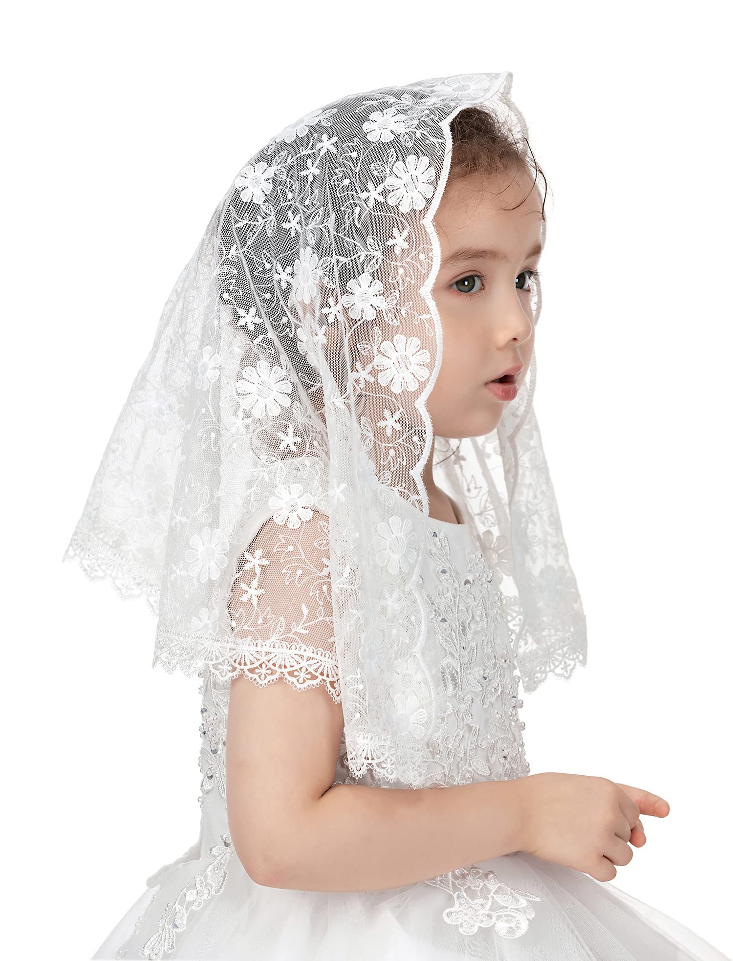 PAMOR First Communion Veils for Girls Lace Chapel Veil Mantilla Veils Latin Mass Church Veil for Catholic Baptism D Shape