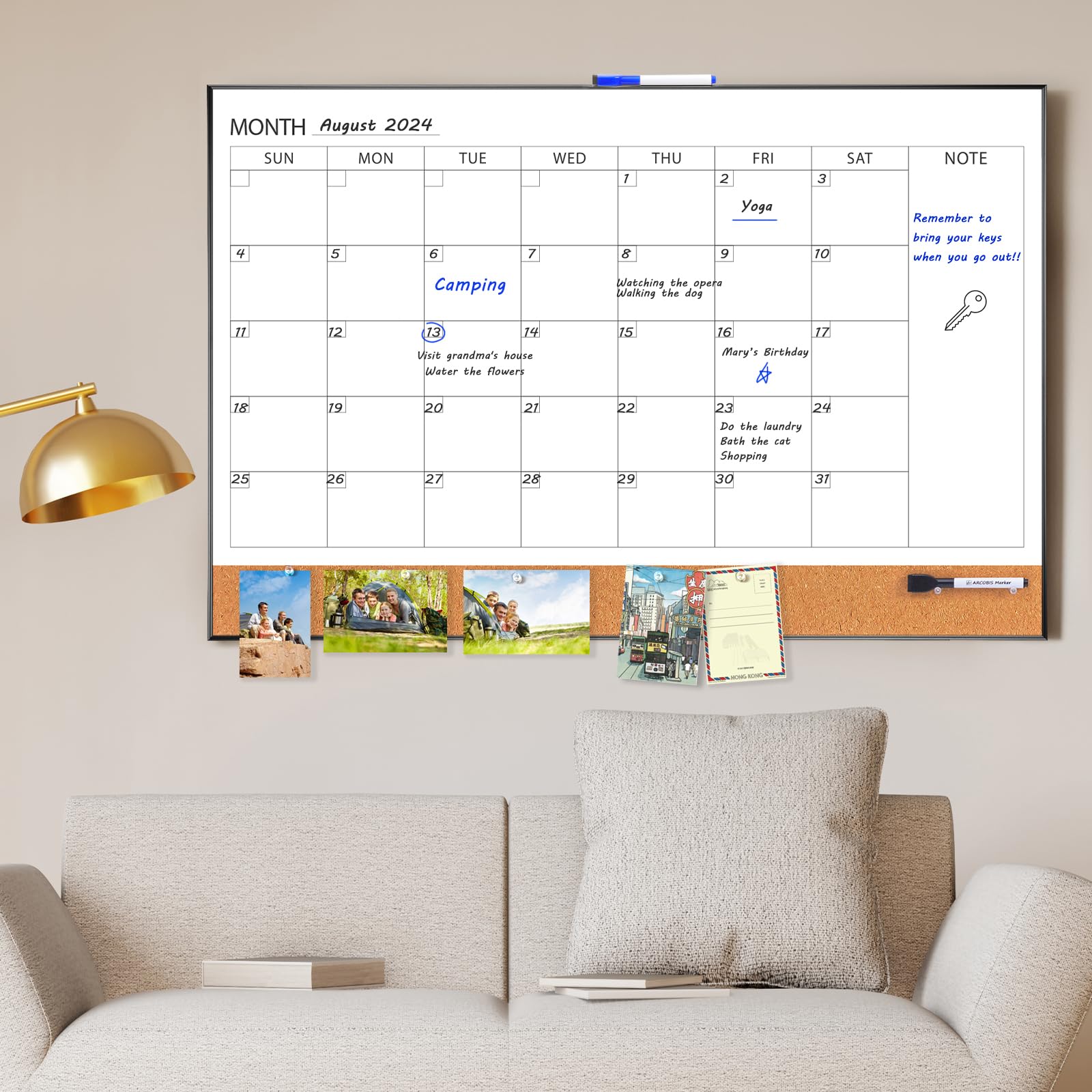 ARCOBIS Calendario de borrado en seco con tablero de corcho para pared, calendario magnético de 36 x 24 pulgadas, pizarra blanca con marco negro, pizarra combinada mensual para escuela, hogar, oficina