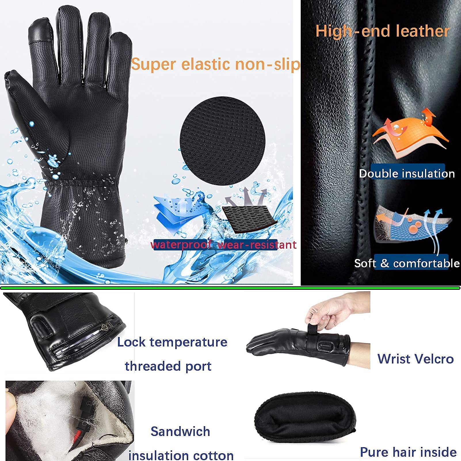 Guantes térmicos, 7.4V 4000mAh Batería Recargable Guantes térmicos eléctricos para Hombres Mujeres Guantes térmicos para Motocicleta Pantalla táctil Impermeable para Deportes Esquí