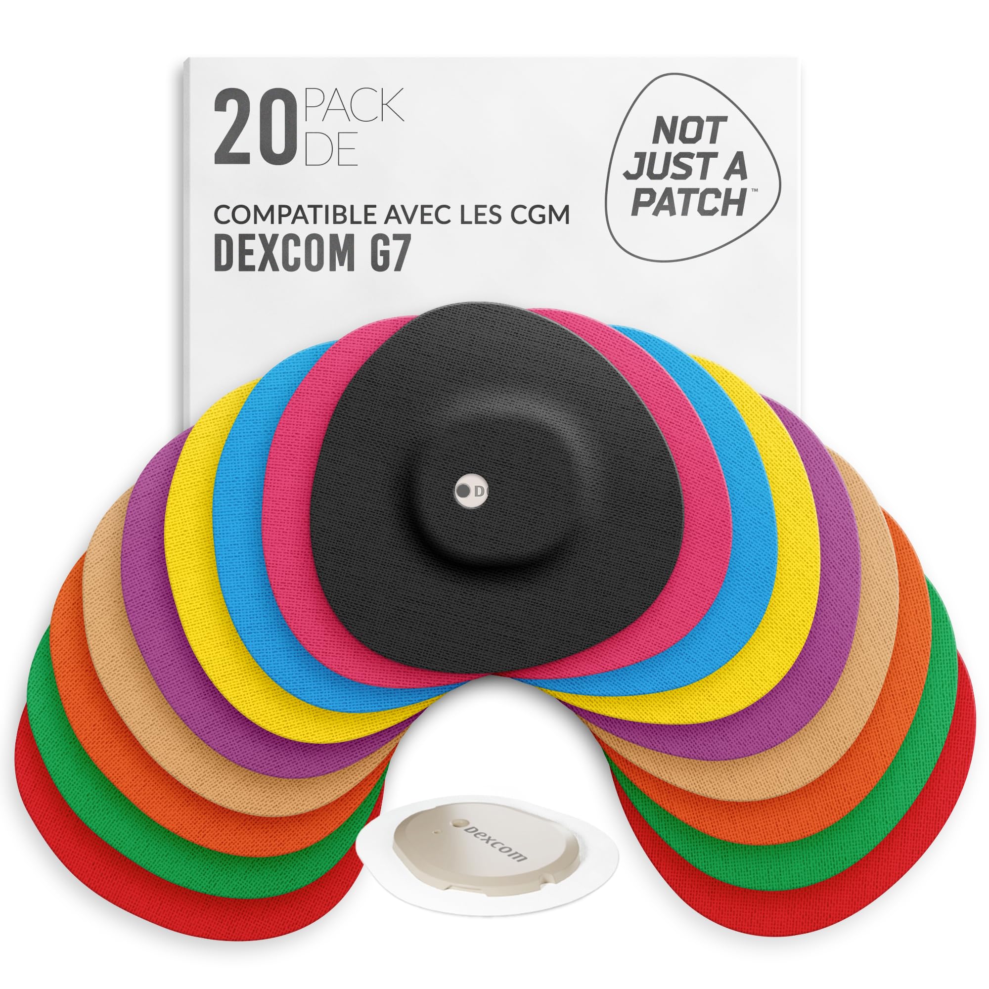 Not Just A Patch Dexcom G7 Patchs capteurs (20unité) - Résistants à la transpiration et maintien sûr avec trou de ventilation pour une adhérence optimale et une protection douce (Multicolores)