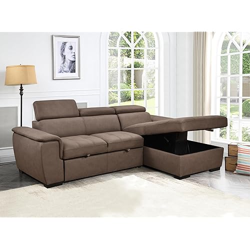Modern Reversible Sleeper Sectional Sofa W/Storage Chaise and Adjustable Headrests, L-Shaped Tufted Upholstered Sleeper Sofa Convertible Pull Out Sleeper Couch Bed with Padded Armrest for Living Room