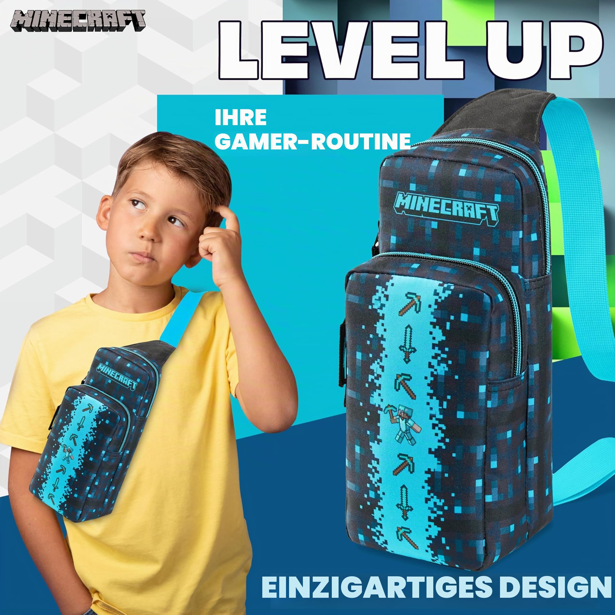 Minecraft Sling Bag Kinder, Brusttasche Umhängetasche mit Reißverschluss & Verstellbarem Gurt Geschenke für Jungs