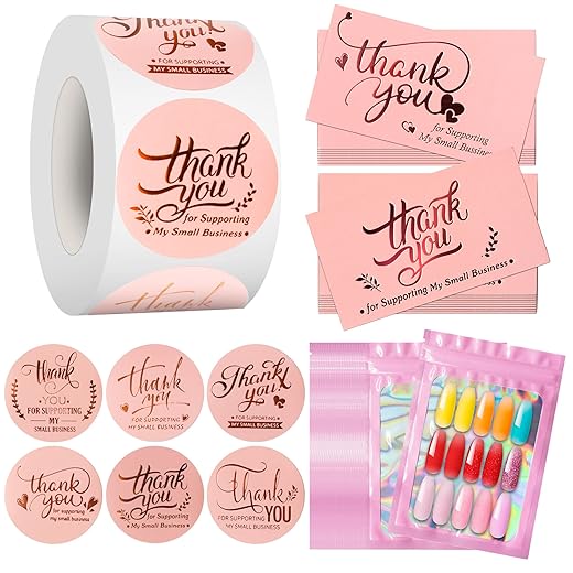 620PCS Thank You Cards Stickers and Bags, Pink Gold Foil Thank You for Supporting My Small Business Stickers and Cards Set with Resealable Packaging Bag for Envelope Seal Retail Business Owners
