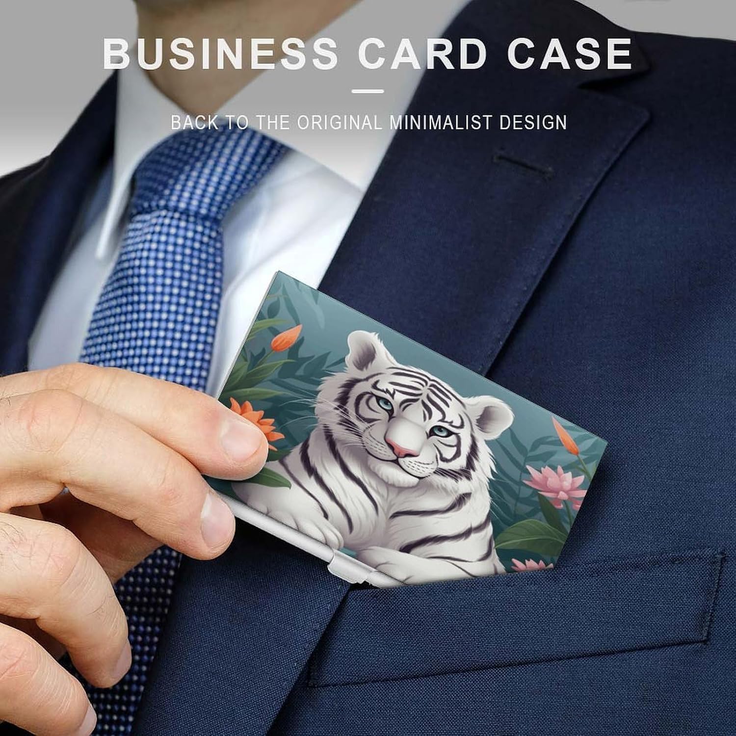Personalized Cute White Tige Business Card Case Ultra-Thin Aluminum Alloy Business Card Holders with Buckle Style Shut Lightweight Business Card Wallet for Men Women