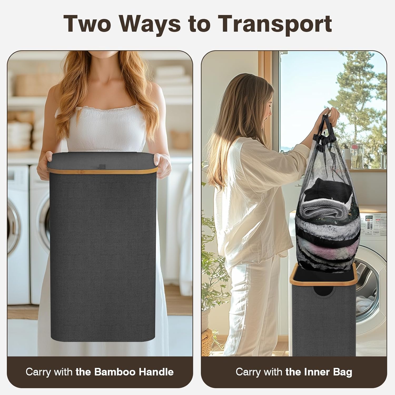 100L Laundry Hamper with Lid, Large Laundry Basket with Bamboo Handles, Clothes Hampers for Laundry with Removable Bag, Dirty Clothes Hampers for Bedroom Aesthetic, Grey