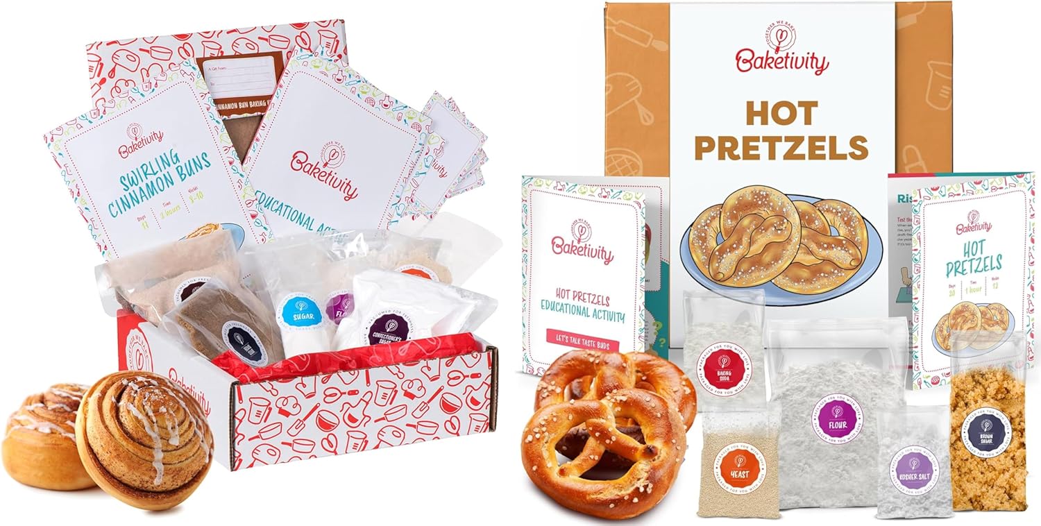 Baketivity Pretzel & Cinnamon Bun Baking Kit Bundle for Kids – DIY Cooking Set with Pre-Measured Kosher Ingredients, Illustrated Recipes, Video Guide & STEM Activities – Ages 6-12+