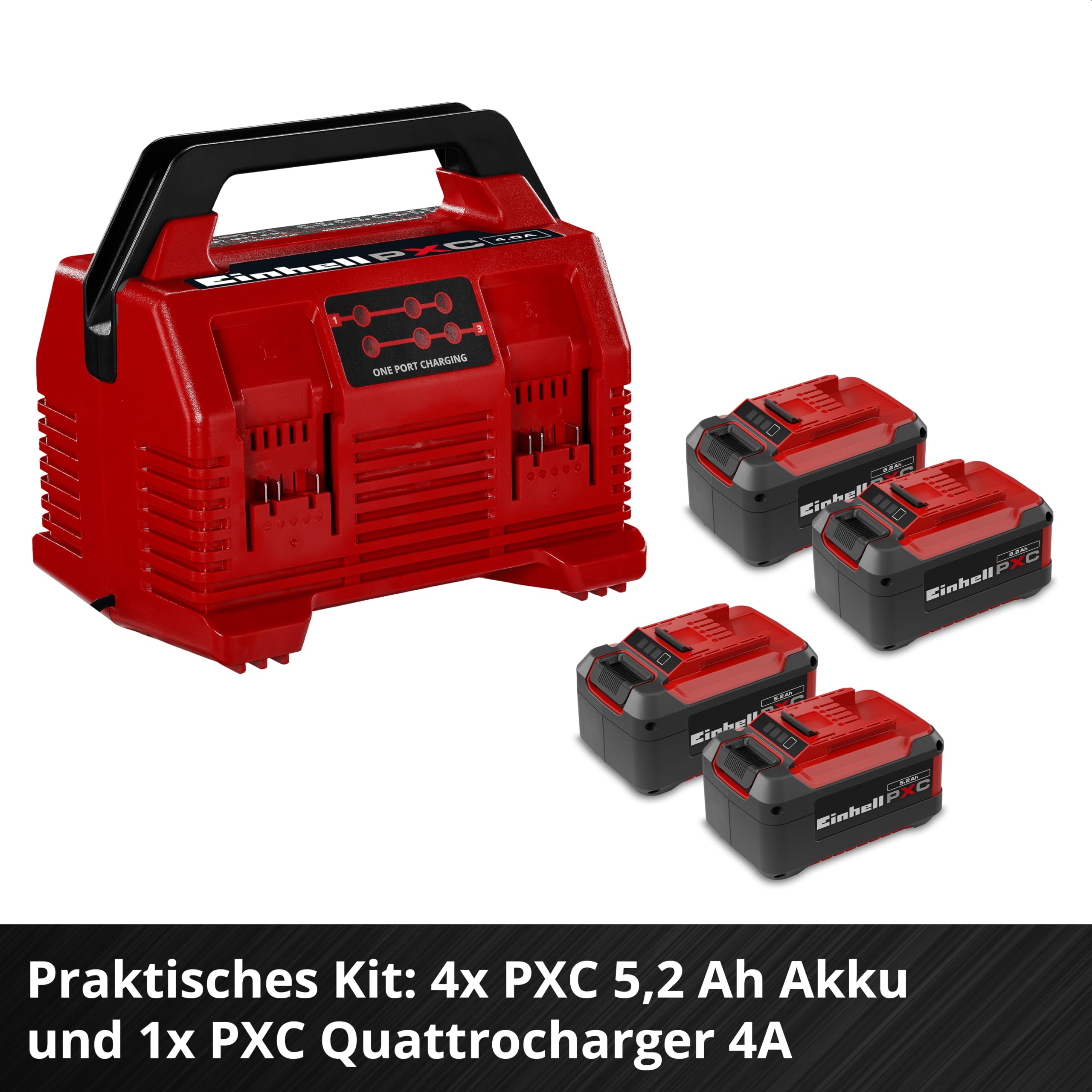 Original Einhell Kit PXC 4X 5,2 Ah & Quattrocharger 4 A | PXC | 18 V | 1260 W | 4x 5,2 Ah Akku | 4-Ampere-Ladegerät | 2x2 Akkus parallel laden