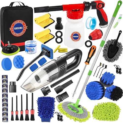 GASLIKE 63PCS Car Wash Cleaning Kit,Car Wash Brush with Long Handle,Car Detailing Kit with Foam Gun,Car Cleaning Supplies,Handheld Vacuum, Car Detailing Kit (63PCS)