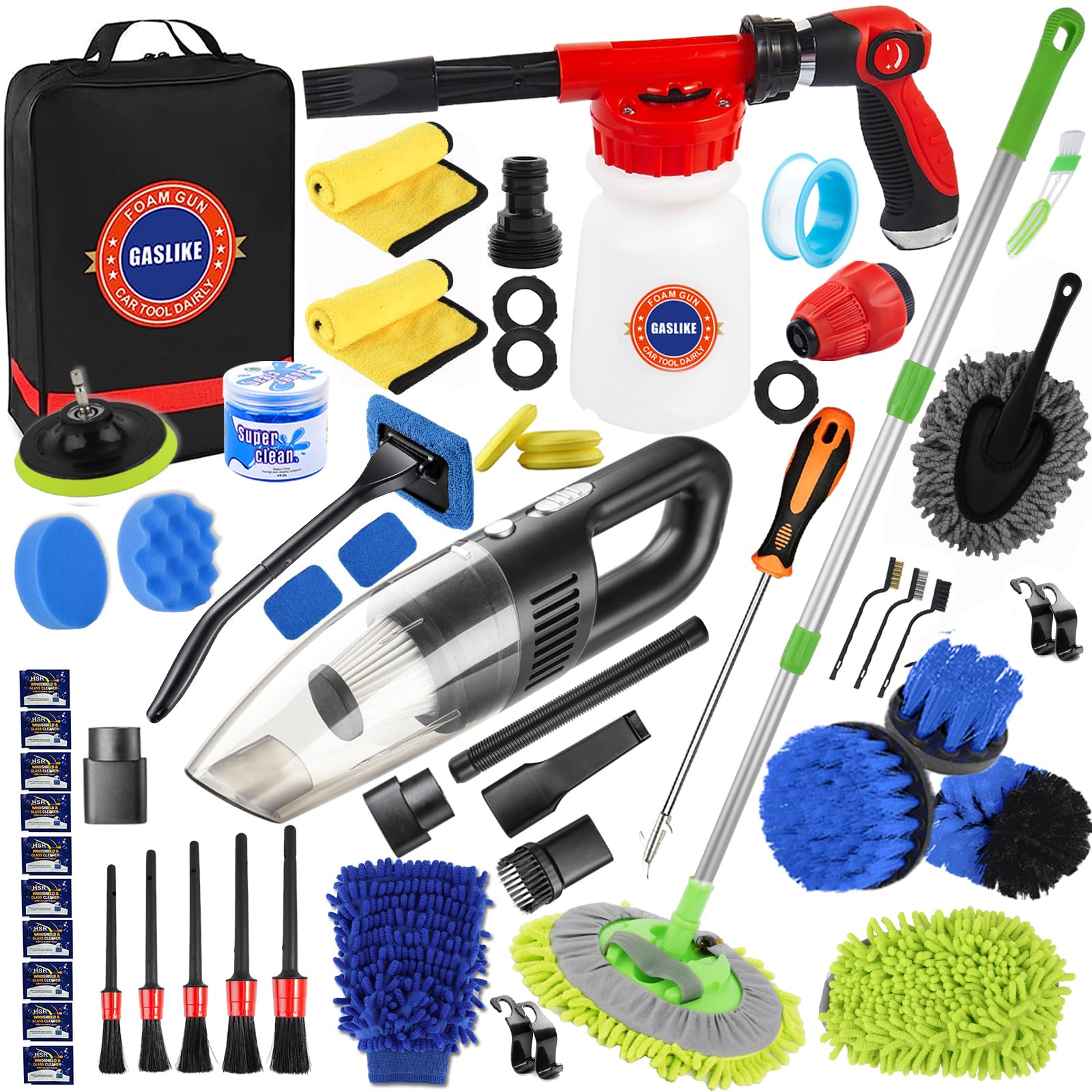 GASLIKE 63PCS Car Wash Cleaning Kit,Car Wash Brush with Long Handle,Car Detailing Kit with Foam Gun,Car Cleaning Supplies,Handheld Vacuum, Car Detailing Kit (63PCS)