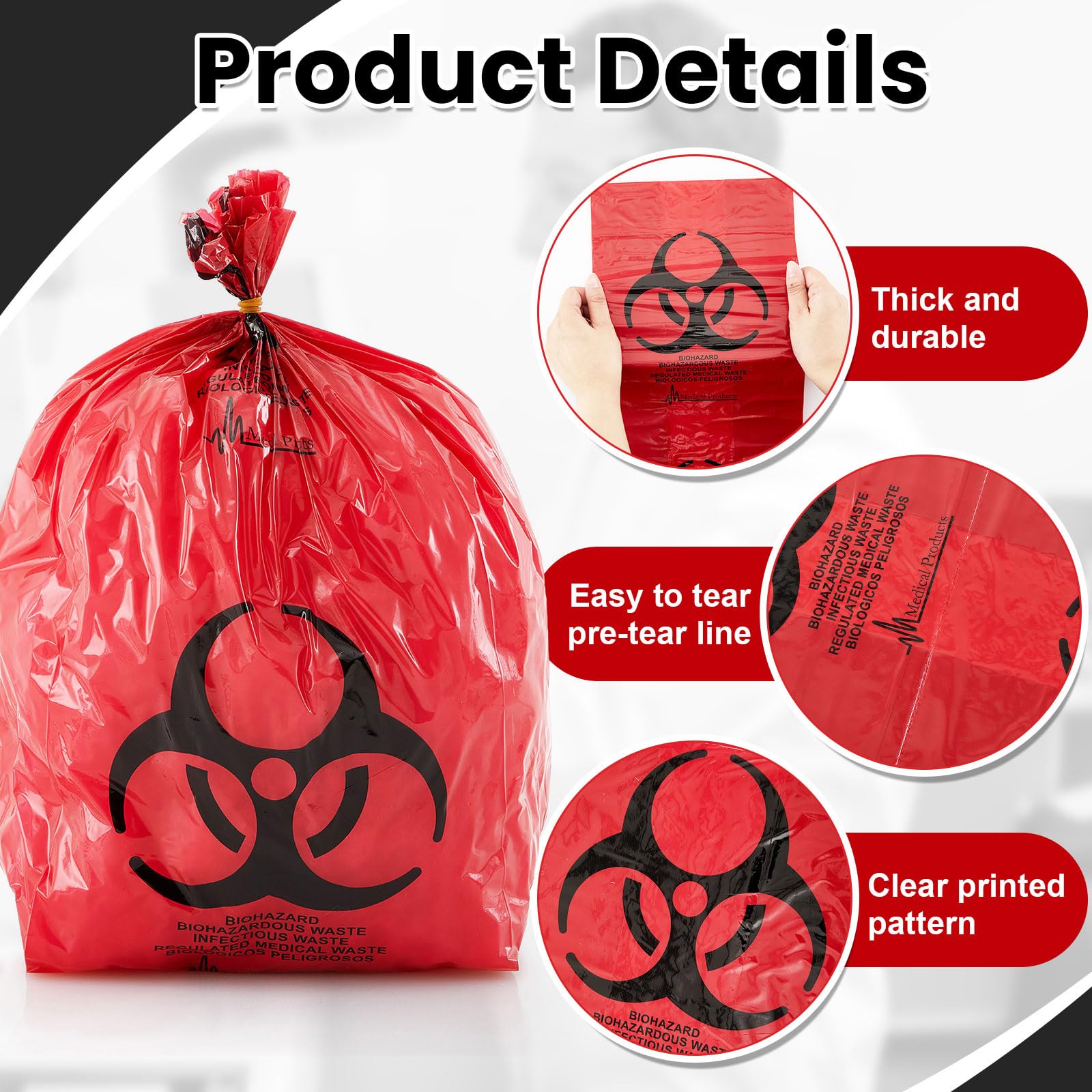 Biohazard Waste Bags - 200 Pack, 3 Gallon Red -3
