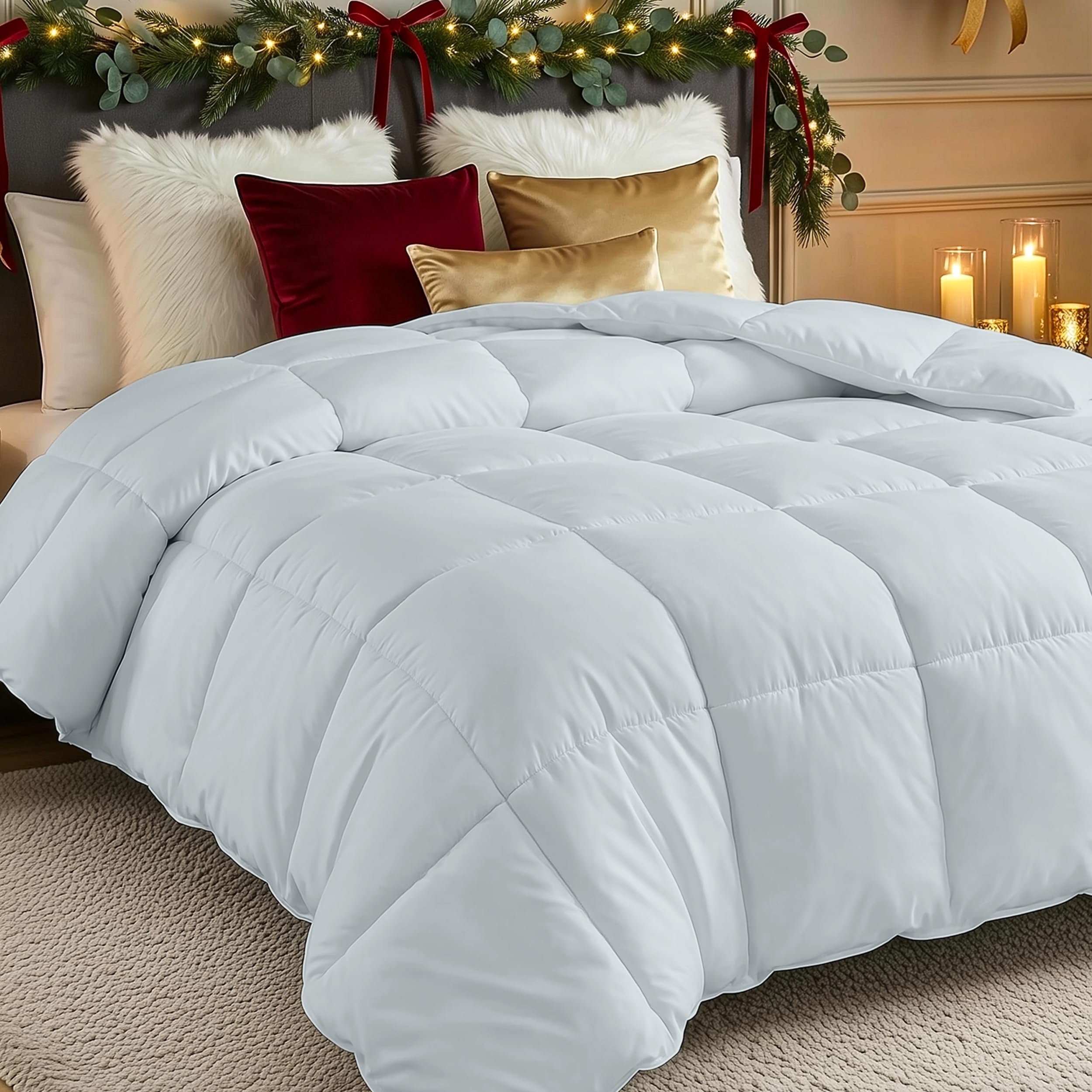 Comforters Queen Size, All Season Duvet Insert, Down Alternative Box Stitched Bed Comforter with Corner Tabs, Machine Washable (Light Grey)