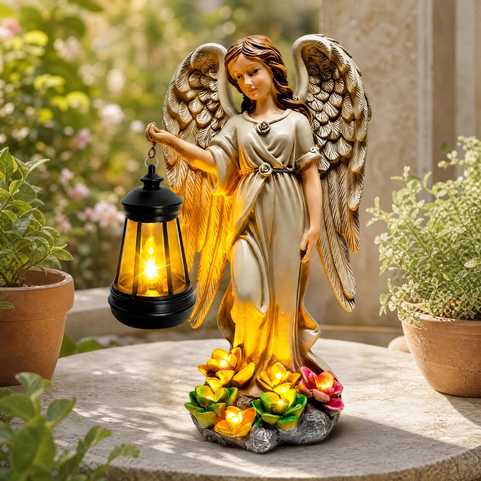 predolo Statua Cherubino con Lanterna Luminosa Statua da Giardino con Resina Figurina Solare da Esterno per Terrazza, Ingresso
