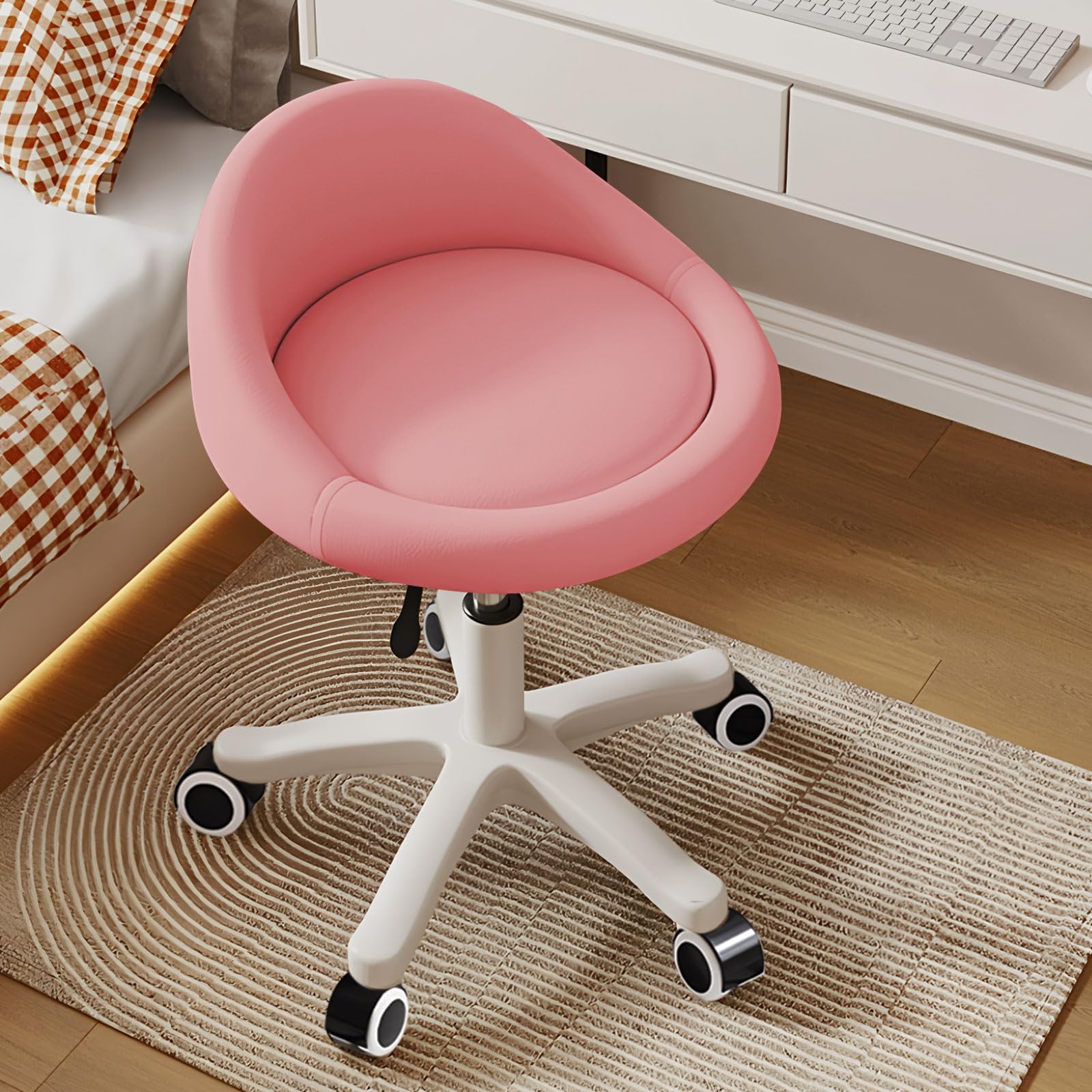 Rolling Stool – Ergonomic Swivel Seat, Adjustable Height, Ultra-Quiet Wheels, Padded PU Leather Cushion, for Salon, Office, Massage & Medical Use Pink