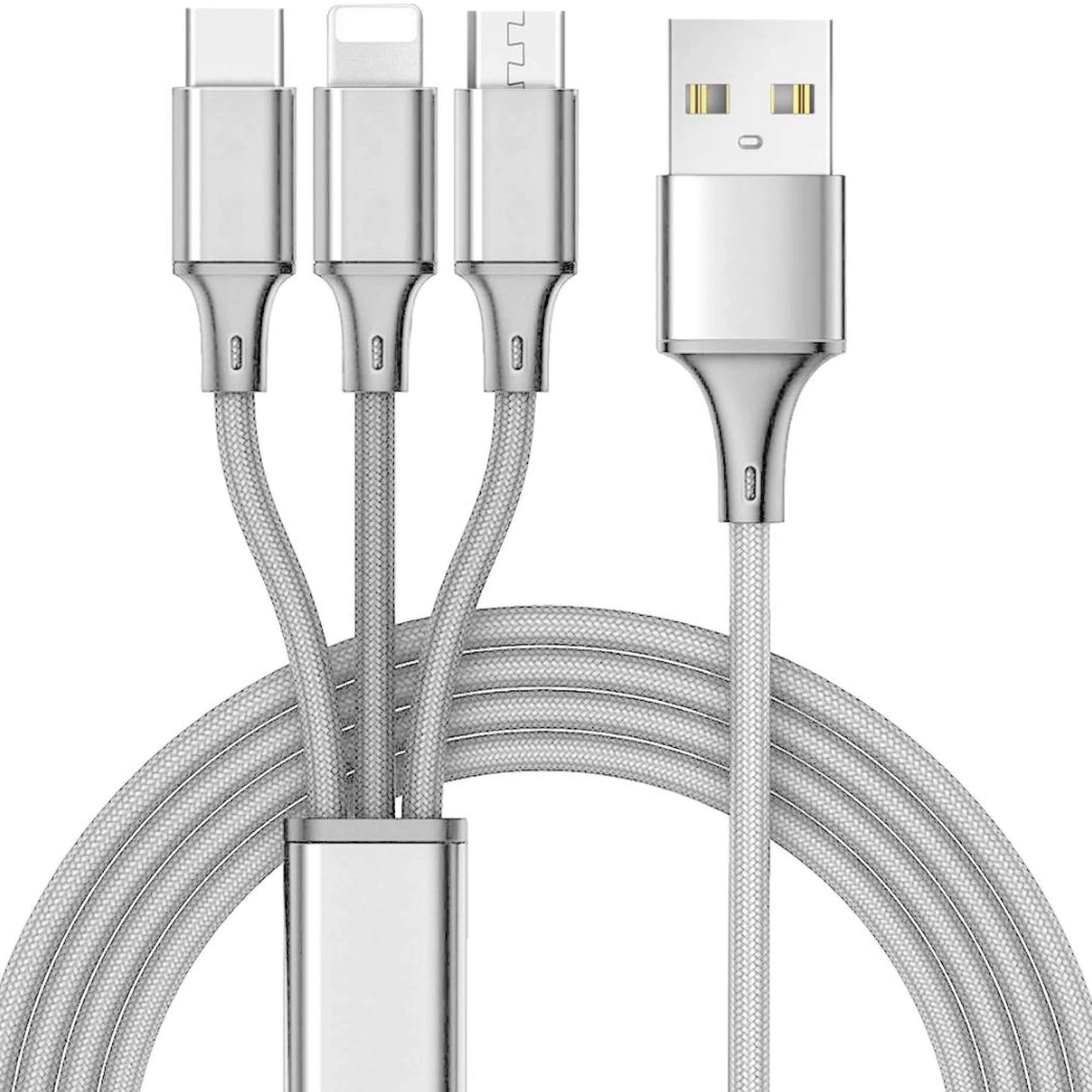 MILA FINDER Universal Charging Cable for Multiple Devices - 3 in 1 Braided Multi USB Charging Cables - 10ft Long Micro USB C Connector for Android & iDevice - Smartphone Accessories, Silver