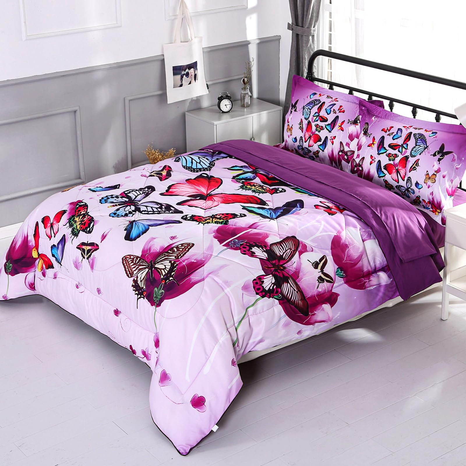 Wowelife Butterfly Teen Bedding Sets for Girls Full Size 5 Piece Butterfly Comforter Set Pink Purple 3D Kids Comforter Sets Lightweight with Comforter, Flat Sheet, Fitted Sheet and 2 Pillowcases