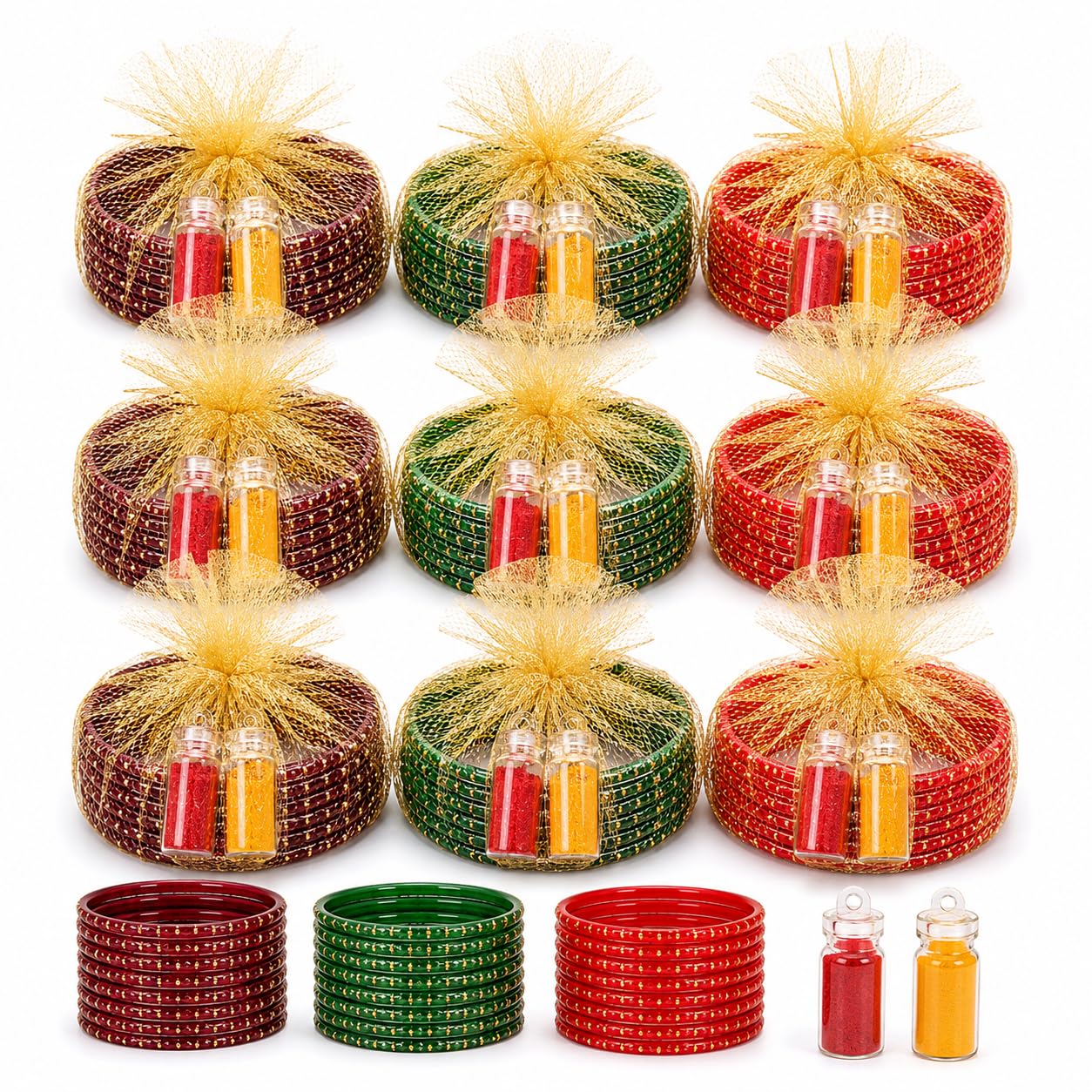 Rain Drop Glass Bangles Set for Women (Set of 9) | 6 Bangles with Kumkum & Turmeric Bottles | Golden Net Gift Packing | Festival, Navratri, Varalakshmi Vratham, Haldi Return Gift | Maroon Green Red-image-18