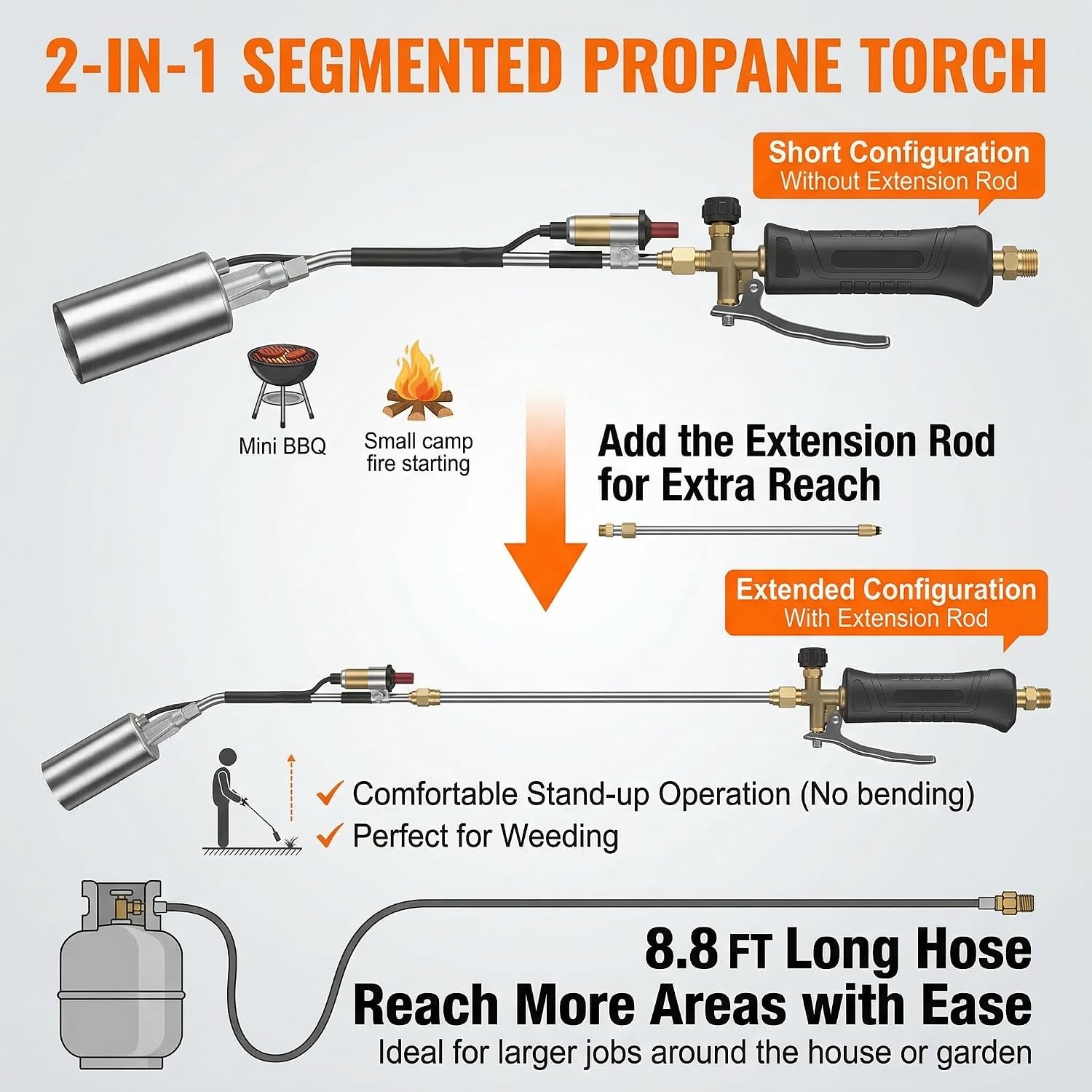 Heavy Duty Propane Weed Torch Burner Kit with 8.8FT Hose, Adjustable Flame Weed Burner Torch for Garden Yard, Propane Torch for Weeds Snow Ice Melt Roofing Heat Tool BBQ Fire Starter