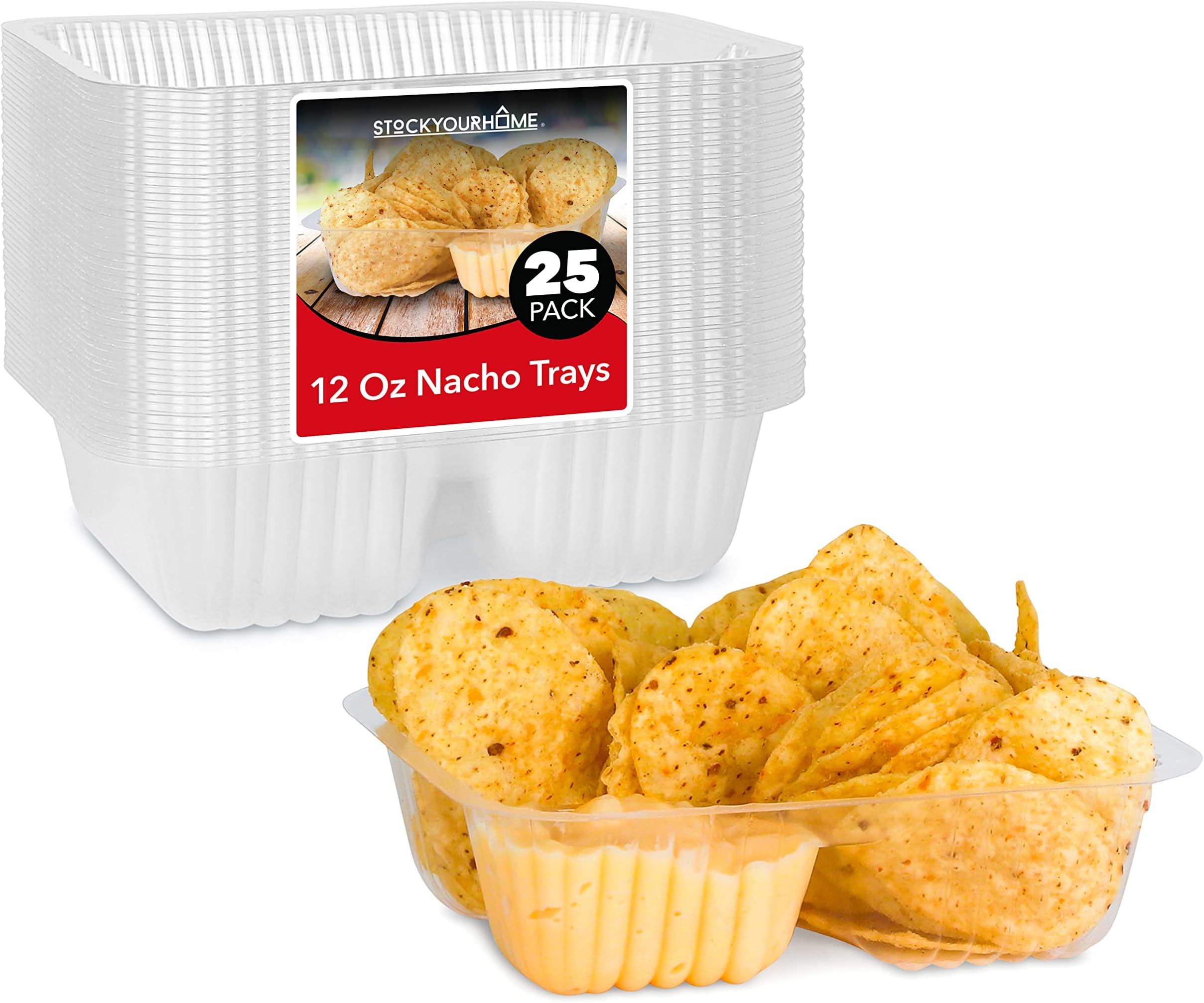 12oz Plastic Nacho Trays (100 Pack) Small Disposable Tray for Nachos & Cheese Dip, Concession Stand Supplies, Movie Night Snacks for Kids, Carnival Party Decorations, Food Boats, Snack Containers…