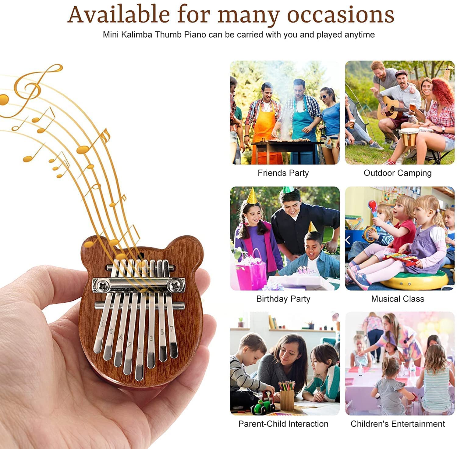 Kalimba Mini Piano à 8 touches Kalimba Mini doigt Portable En Bois Thumb Piano Poche Mbira Piano Avec Lanière Jouets Musicaux Pour Enfants et Adultes(7x5cm) Couleur du tronc