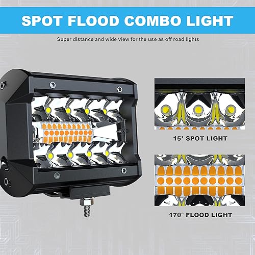 Miniatura 2 de ASLONG 2 unidades de 4 pulgadas blancoamarillo ámbar LED de triple fila de luz de inundación combinada de inundación de conducción, arnés de