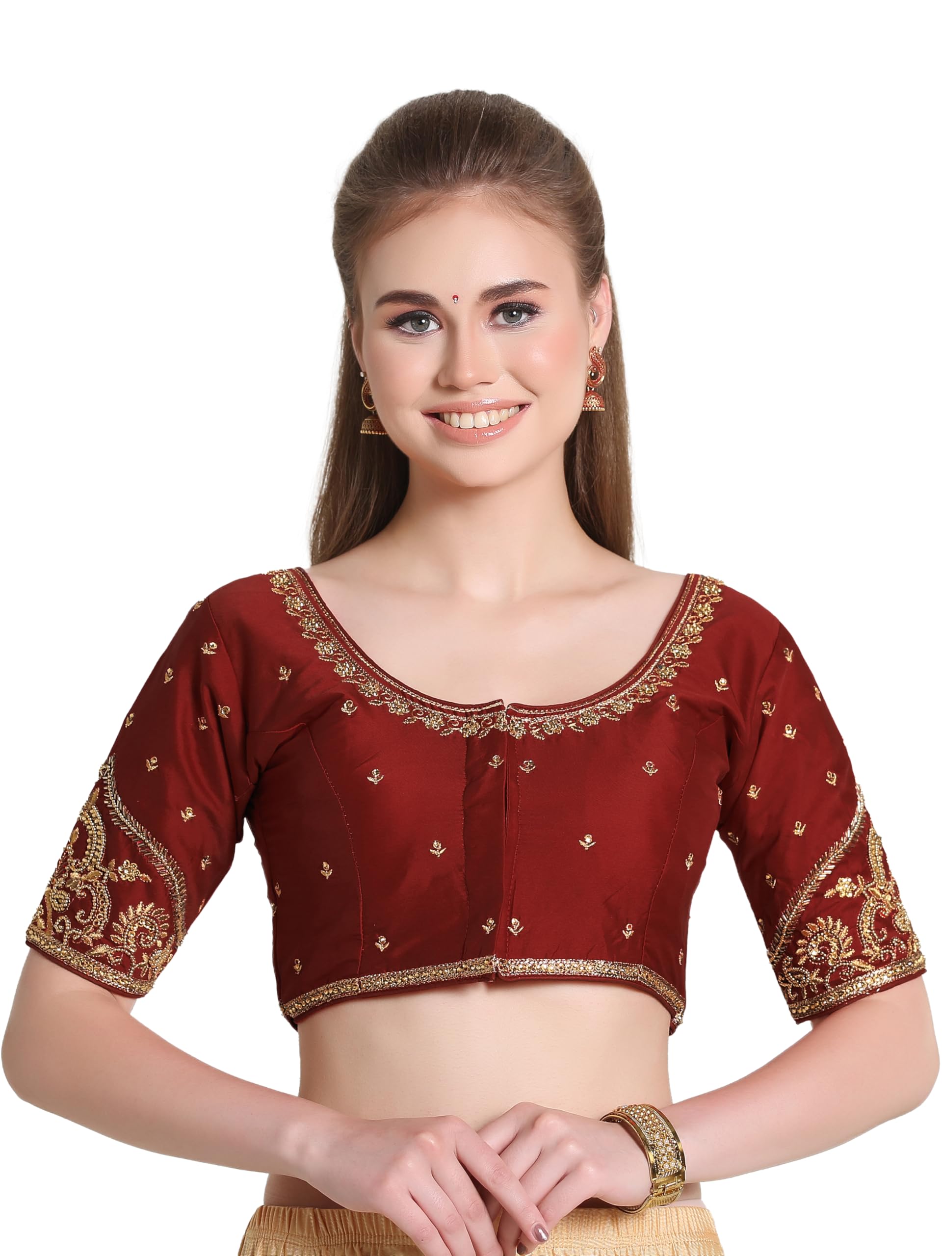 pujia mills Woman Milan Silk Round Neck with Half Sleeve with khatli Work Embroidered Open Back Readymade Blouse 38 Size-picture-10