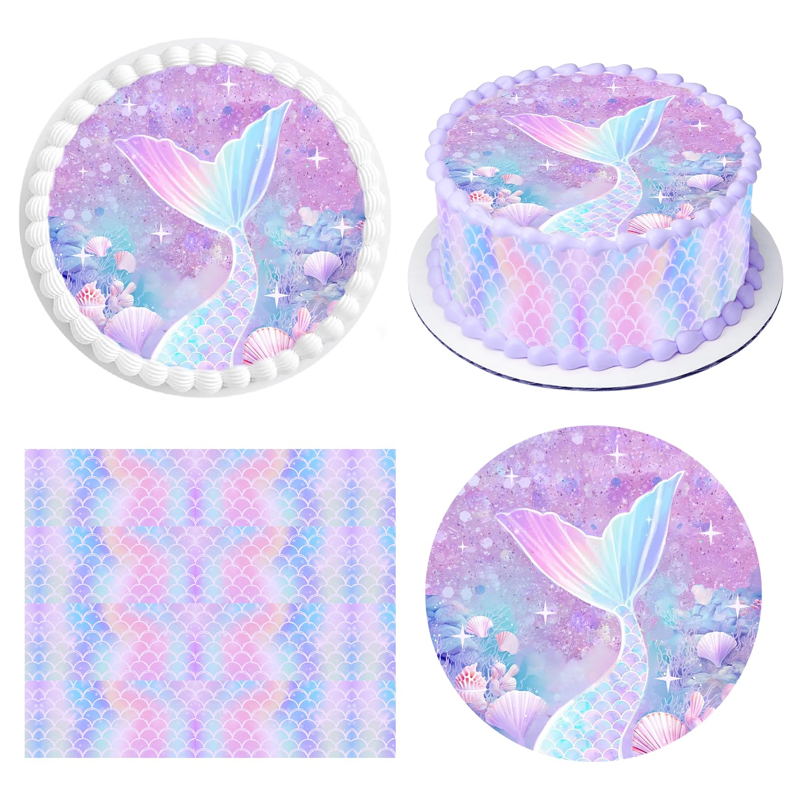 Decoración para Tartas de Sirena, Oblea Sirenita, Papel Comestible, Cinta 24cm x 5cm, Fiestas Cumpleaños Morado