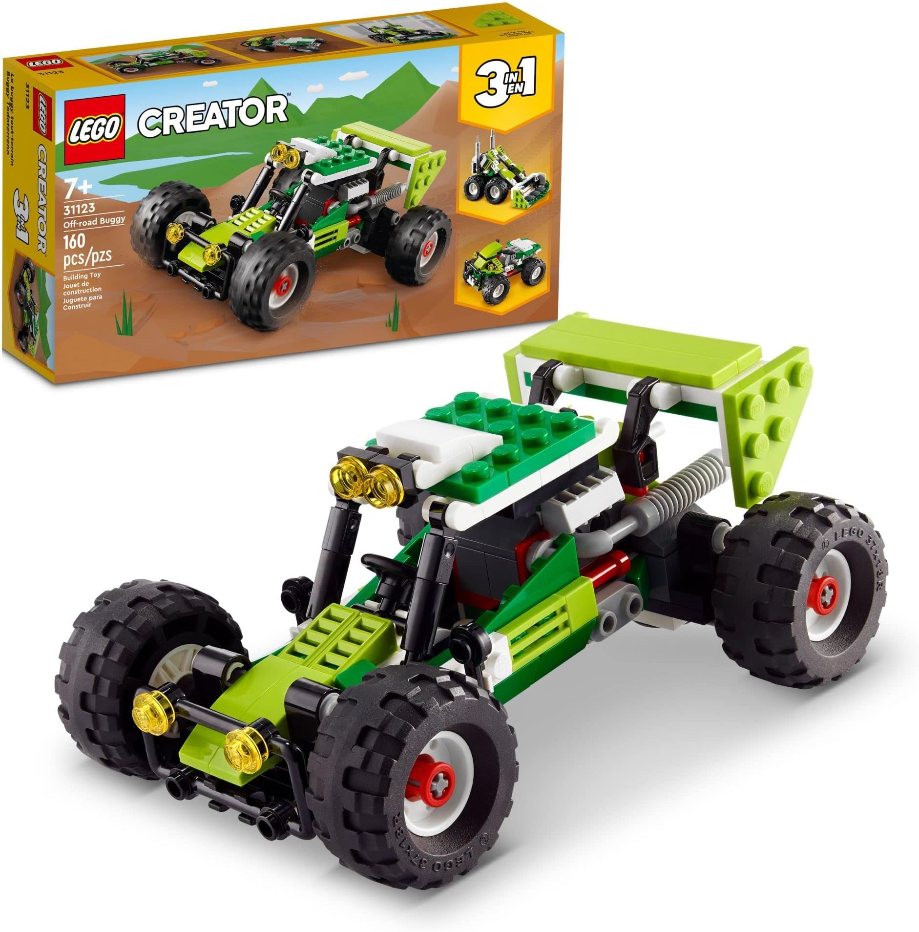 LEGOCreator 3 in 1 Off-Road Buggy, Transforms to 3 Different Construction Vehicles from Skid Loader Digger to ATV Car Toy to Off-Roader, Construction Set for Kids 7 Plus Years Old, 31123