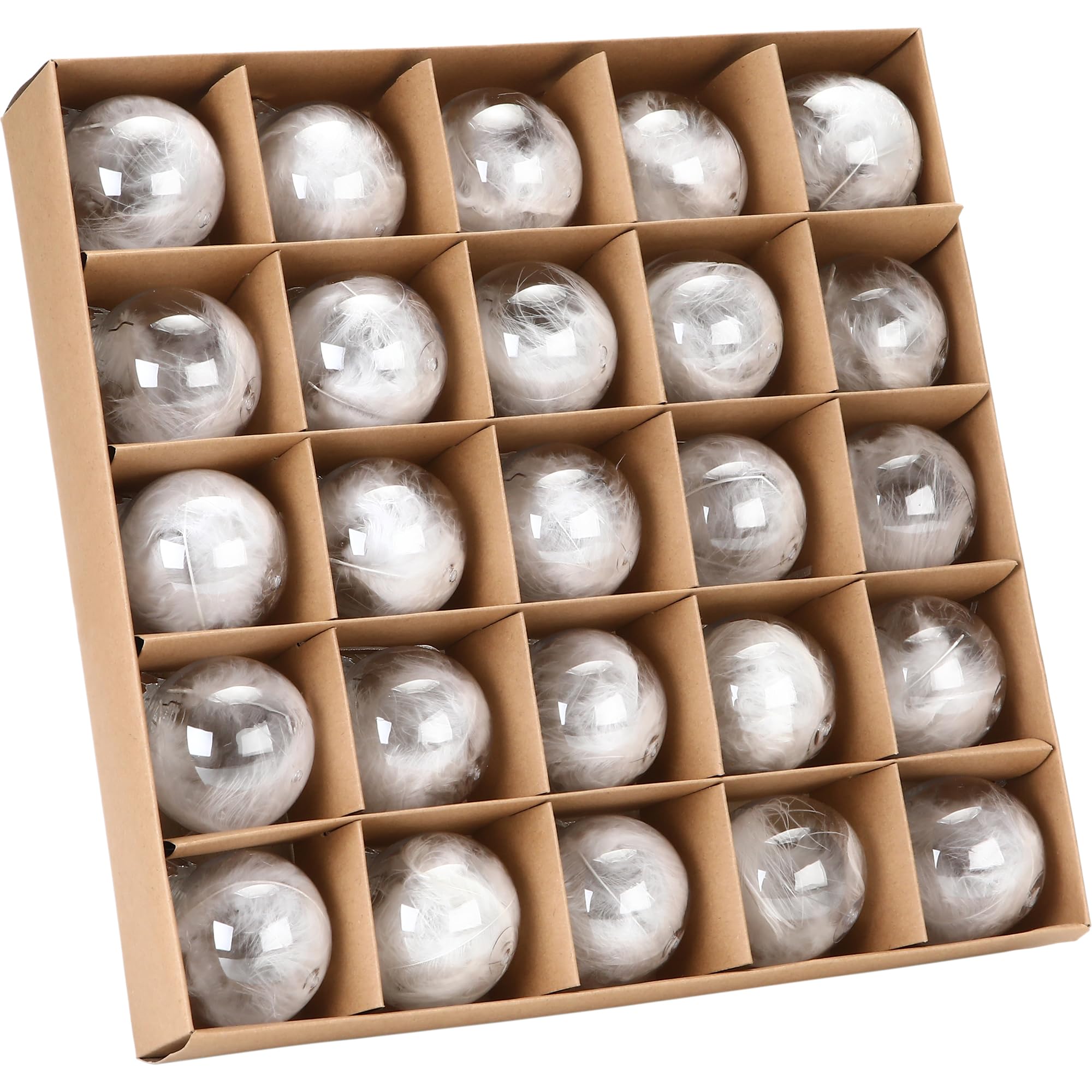 Sea Team Lot de 25 boules de Noël transparentes remplies de plumes, boules décoratives à suspendre avec plumes, décorations en plastique incassable pour sapin de Noël, couronne, guirlande, 60 mm/2,36
