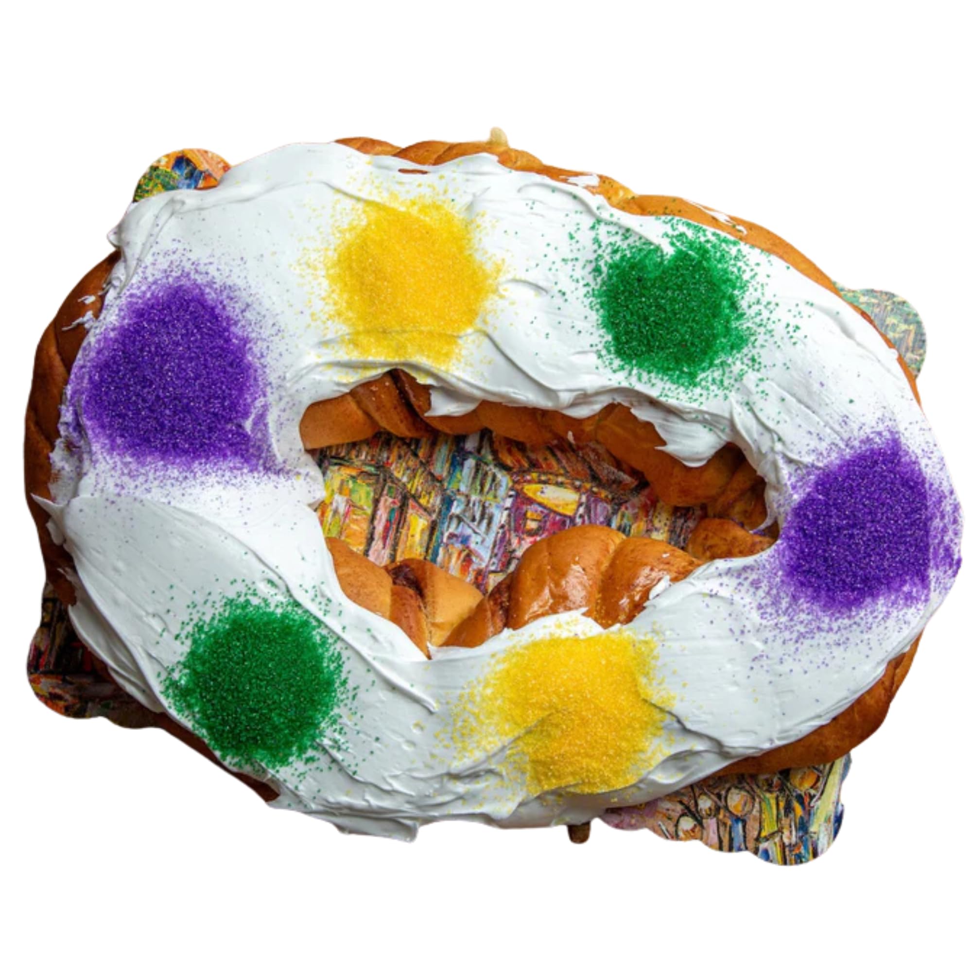Caluda's Traditional King Cake DIY Kit - Fresh Un-Iced Brioche Cake with Icing Packets, Mardi Gras Colored Sugars, Baby, Decorating Instructions, Serves 10-12, Authentic New Orleans Louisiana Mardi Gras Dessert for Holidays Parties