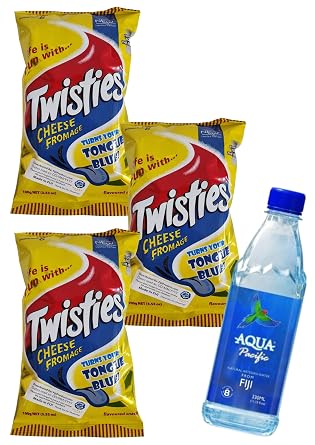 Sampler - New! Twisties Puffs Cheese Fromage Snack Value 4 Pack Deal Aqua Pacific Natural Bottled Water - Twisties Turns Your TONGUE BLUE!