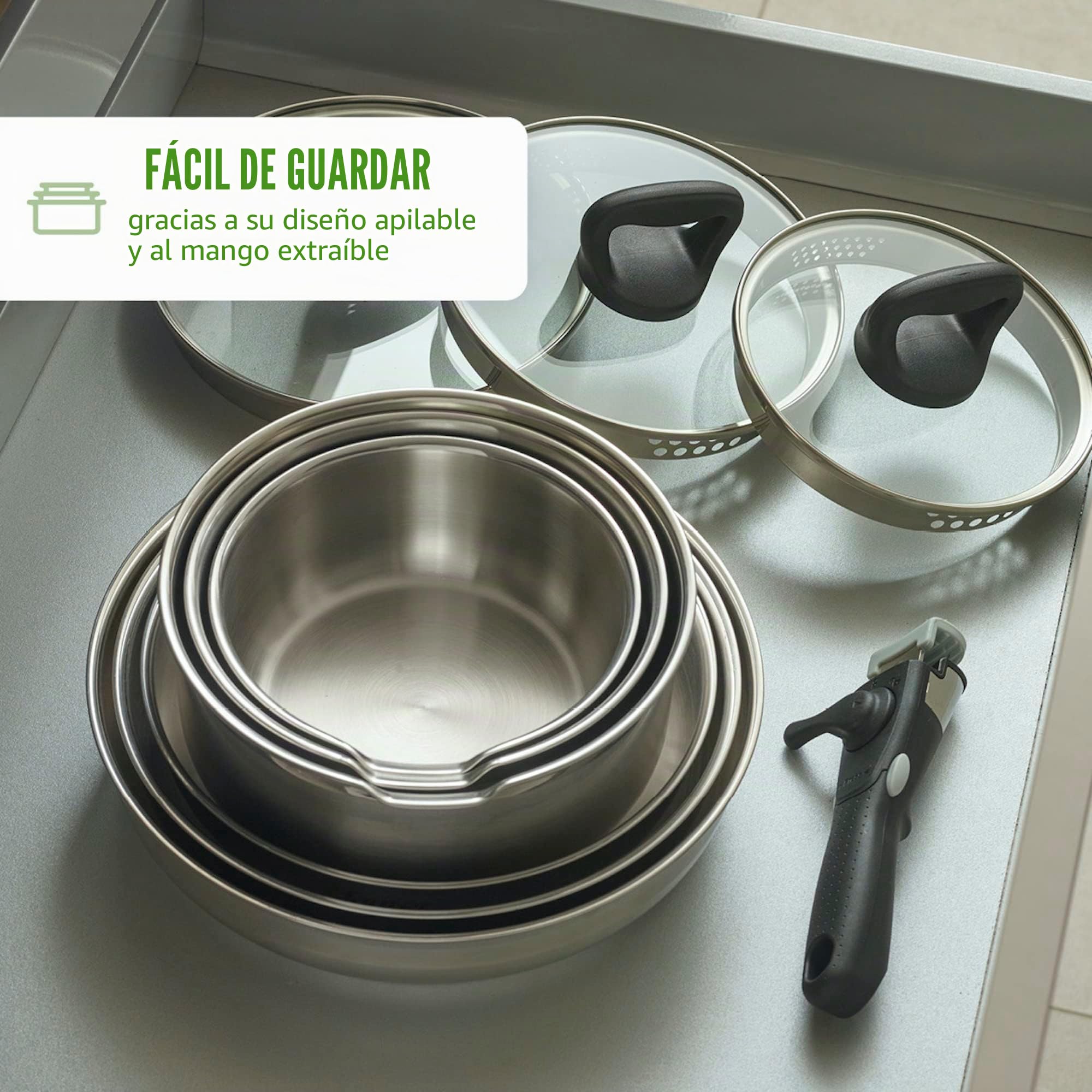 Qdesign - Batería de cocina de inducción de 10 piezas, juego de 3 ollas, 3 sartenes y 3 tapas, coladores con mango extraíble, acero inoxidable, juego para todo fuego, color plateado