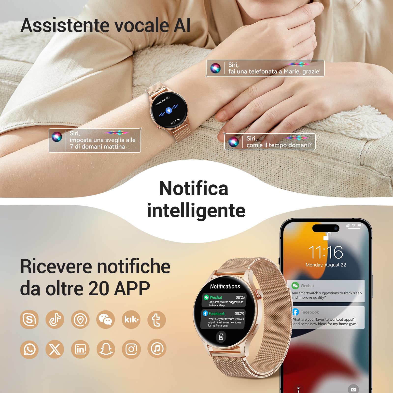 Smartwatch Donna Uomo, 1.32" AMOLED Orologio Fitness Tracker con Effettua/Risposta Chiamate Bluetooth, Contapassi/Cardiofrequenzimetro/Sonno, Impermeabile IP68 per Android iOS Quadrante Rotondo