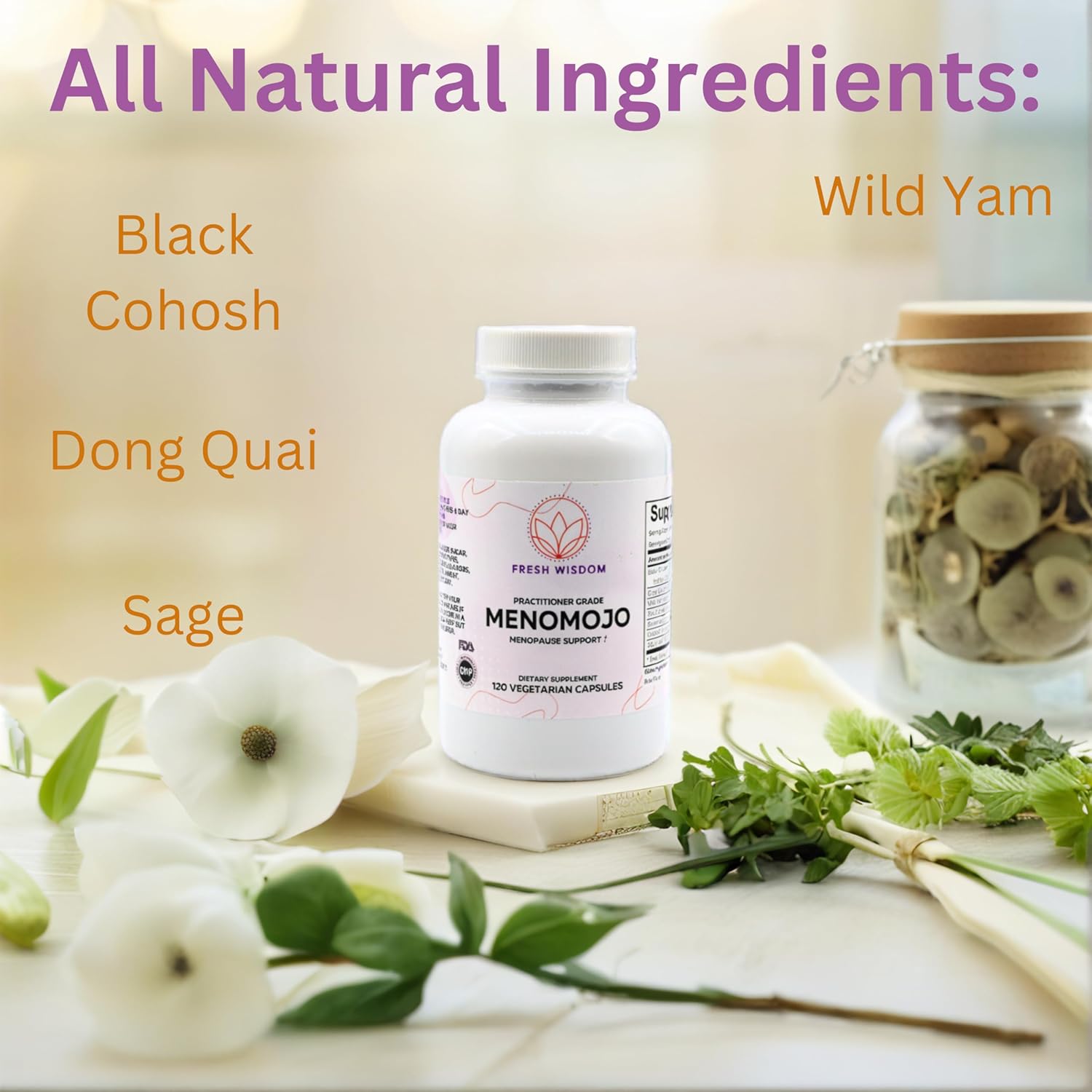 Fresh Wisdom Practitioner Grade Menomojo Menopause Support Dietary Supplement, 120 Vegetarian Capsules