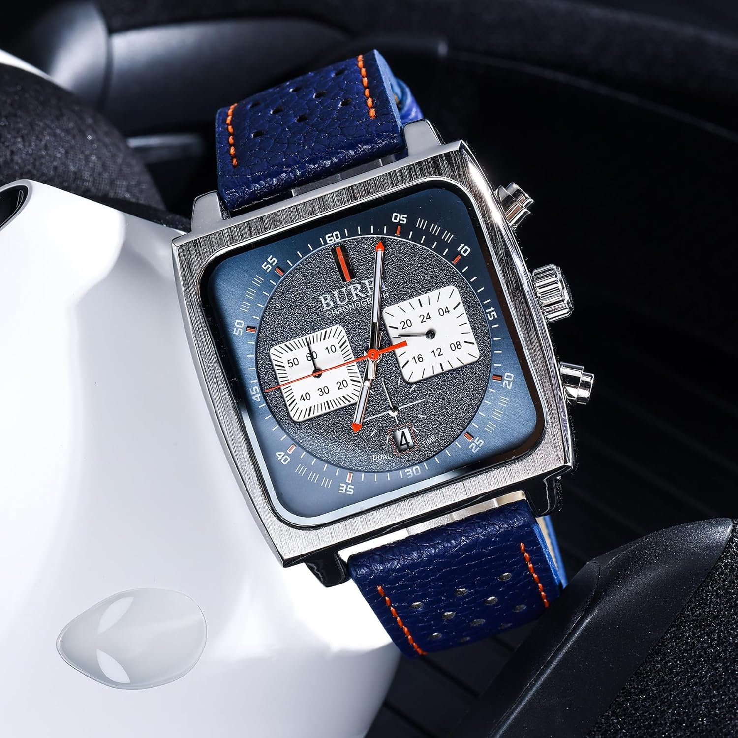 BUREI Men's Watch,Fashionable Square Watch,Chronograph,Waterproof,Luminous,Calendar Multifunction Men's Watch with Leather Strap - Image 6