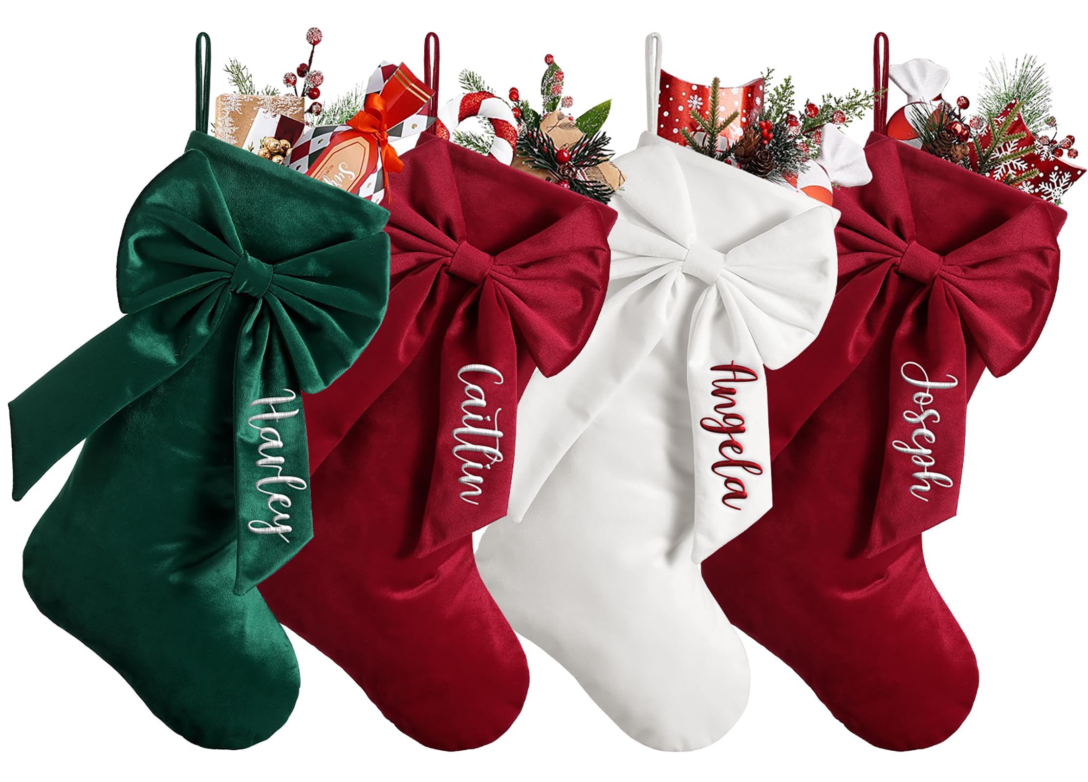 NIBESSER Personalized Velvet Christmas Stockings Custom Name Family Embroidered Christmas Stockings 18” Large Xmas Bow Stocking Rustic Farmhouse Fireplace Hanging Ornament Holiday Decor Gift (1 Pc)