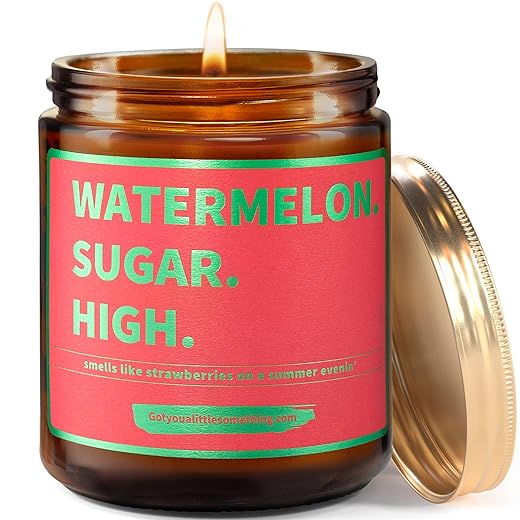 Watermelon Sugar High Scented Candle - Smells Like Strawberries on a Summer Evening - Harry Styles Gifts - Harry Merch - Harry S One Direction Present Idea Music Themed Gift for Fans