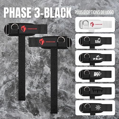 Ekkovision Sangles d'haltérophilie avec anneau en D resserré, ajustement sûr, prise en main améliorée, nylon noir, entraînement de gym - 7