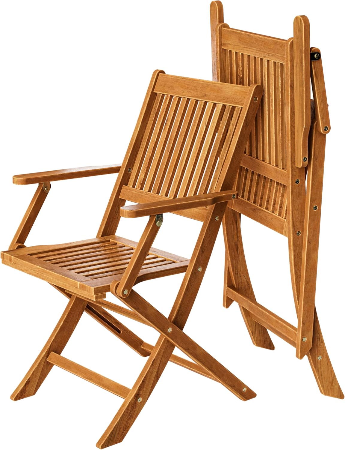 A CASARIA Sydney folding garden chair in its unfolded state next to another chair in its folded, compact state.