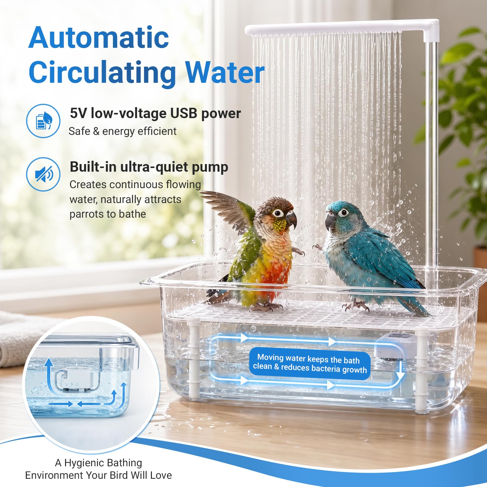 Vogeldusche Wellensittich - Vogel Badewanne mit Dusche - USB-betriebenes Vogelbad mit Wasserzirkulation - Vogel Badehaus mit Rutschfester Boden für Wellensittiche und Kleine Vögel