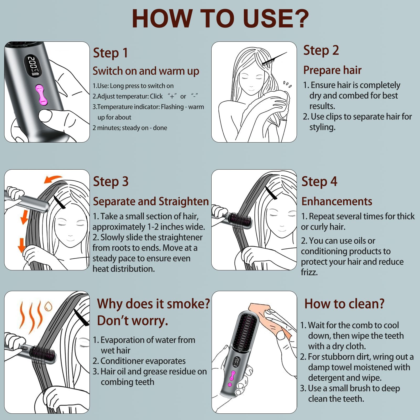 Brosse lissante sans fil, portable et pratique pour les voyages, rechargeable par USB, 9 600 mAh, ion négatif, chauffante, pour femmes et hommes (gris)