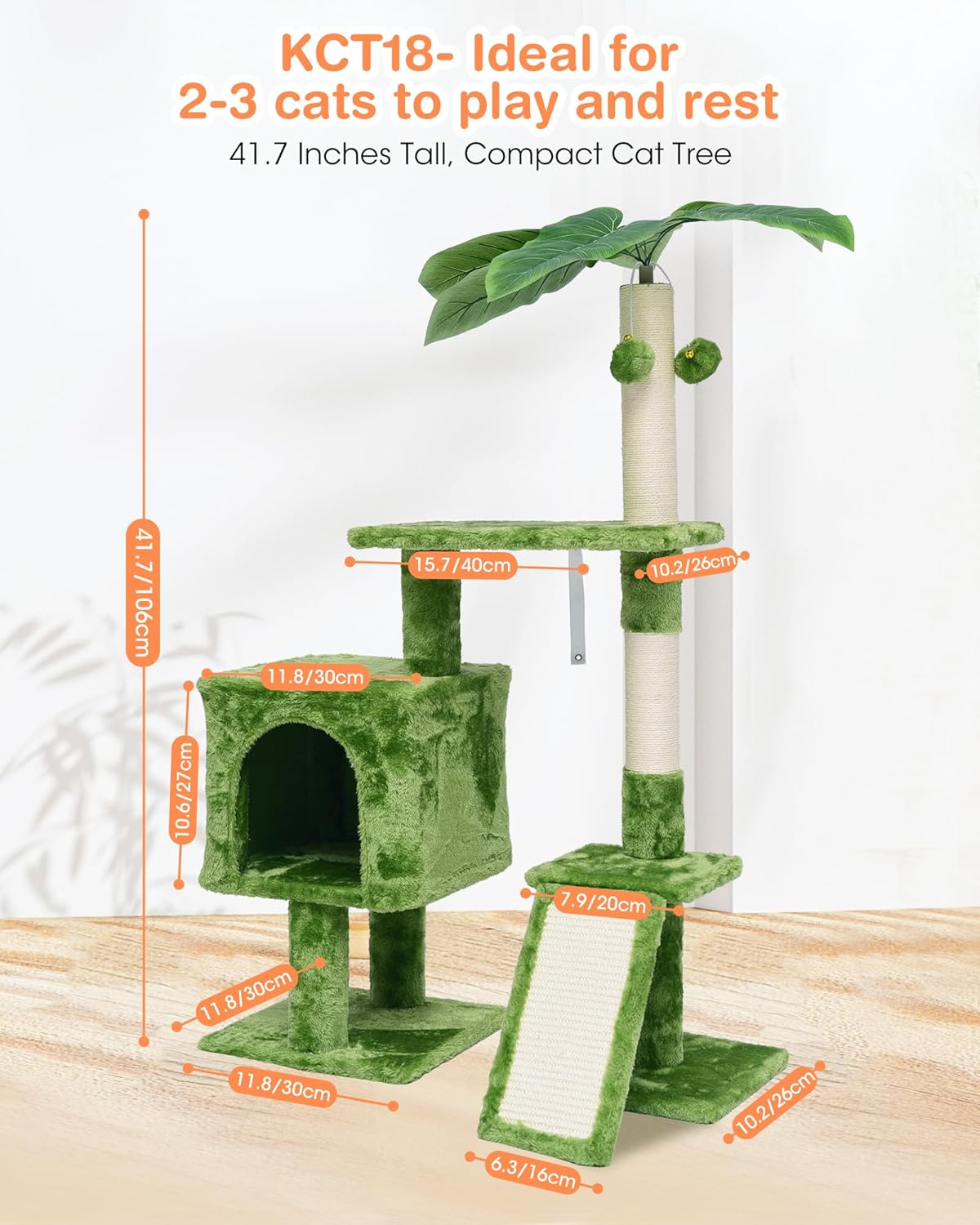 review Cat Tree - Multi-Level Interactive 41.7 Inches High Cat Tower with Scratching Boards for Climbing, Resting, and Claw Sharpening - Sturdy Cat Furniture Green