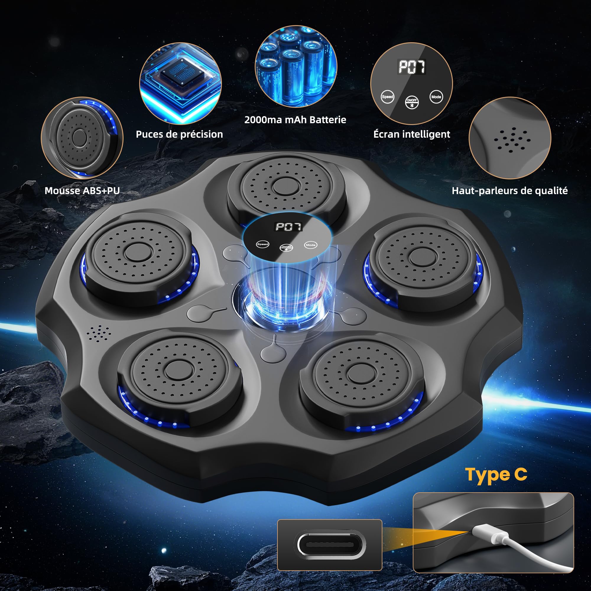 Machine de Boxe Mural Musique - Music Boxing Machine Adulte Punching Ball, Beatpunch de Sac de Frappe Jeu Musicale Cible, 9 Modes, Vitesse, Bluetooth avec MMA Gants, Gym Sports Stress Training Kits