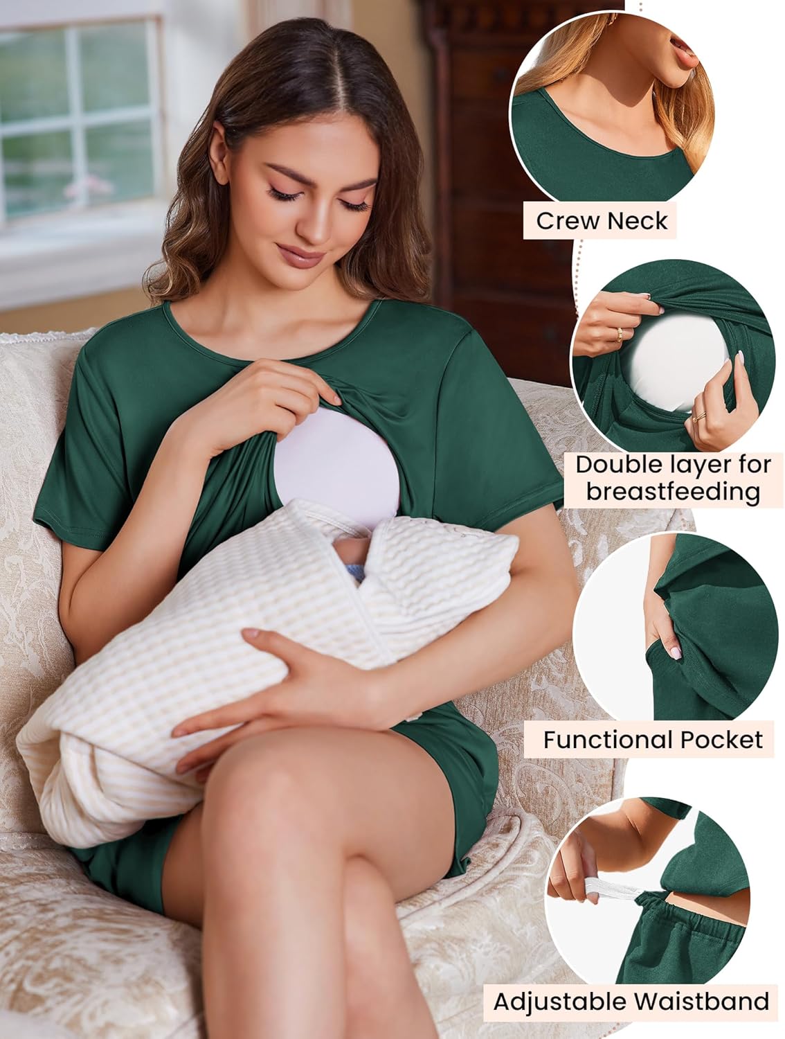 Ekouaer 2 Pack Women's Nursing Pajamas Set Double Layer Maternity Pjs Postpartum Loungewear Set Breastfeeding Tops & Shorts - Image 4