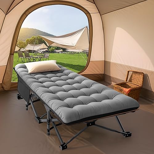 Miniatura 8 de ABORON Catre plegable para acampar con alfombrilla para adultos, cama resistente al aire libre con bolsa de transporte, catres de campamento de